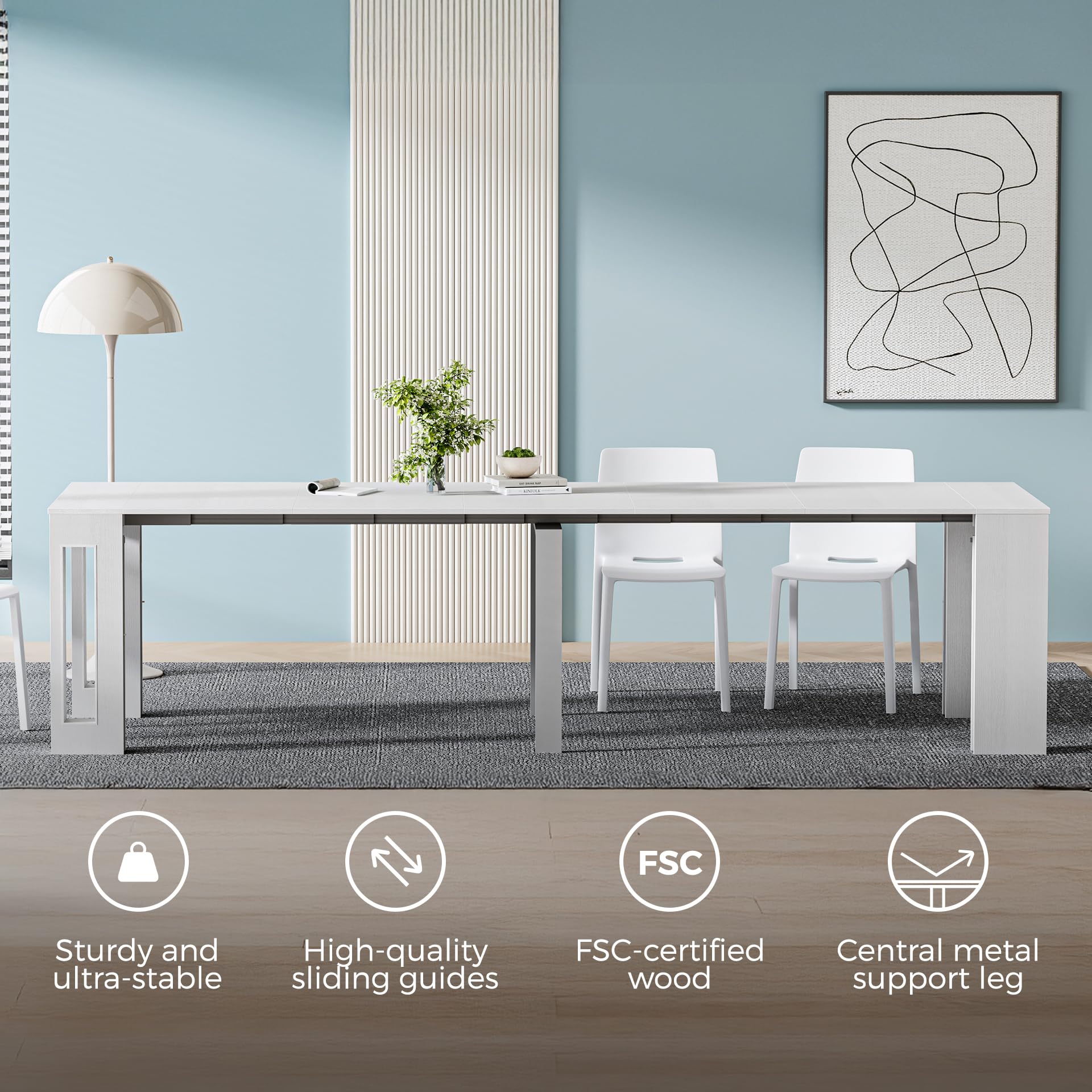 MOBILI FIVER, Mesa Consola Extensible Easy, con Porta Extensiones, 45(305) x 90 cm, Color Fresno Blanco, para 12 Personas, Mesa Consola Extensible por Entrada, Salon, Made In Italy