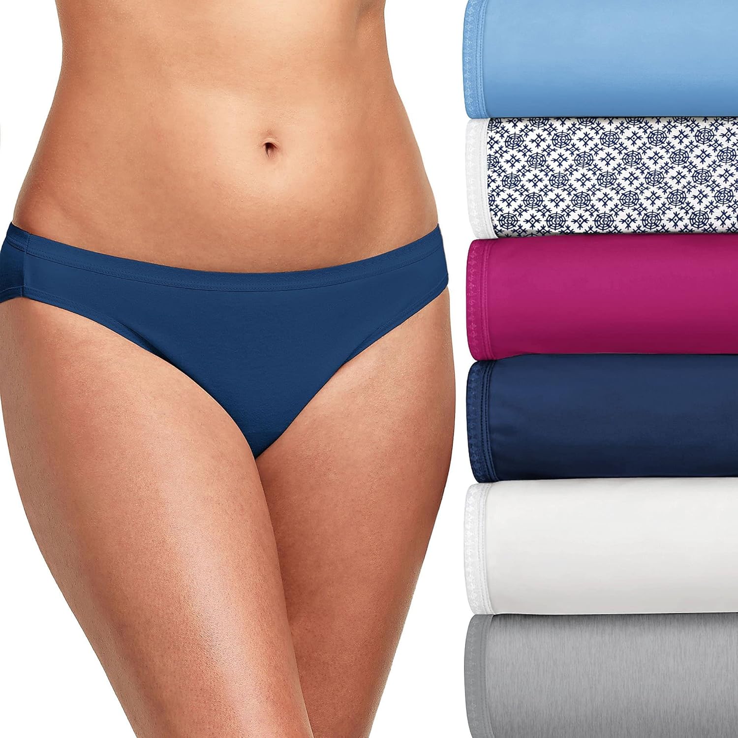 Hanes Ultimate Women’s 6-Pack Breathable Cotton Bikini Panty, Swiss Blue, White, Concrete PE Heather, Fresh Berry, Navy Eclipse, Crochet Boho Print, 8