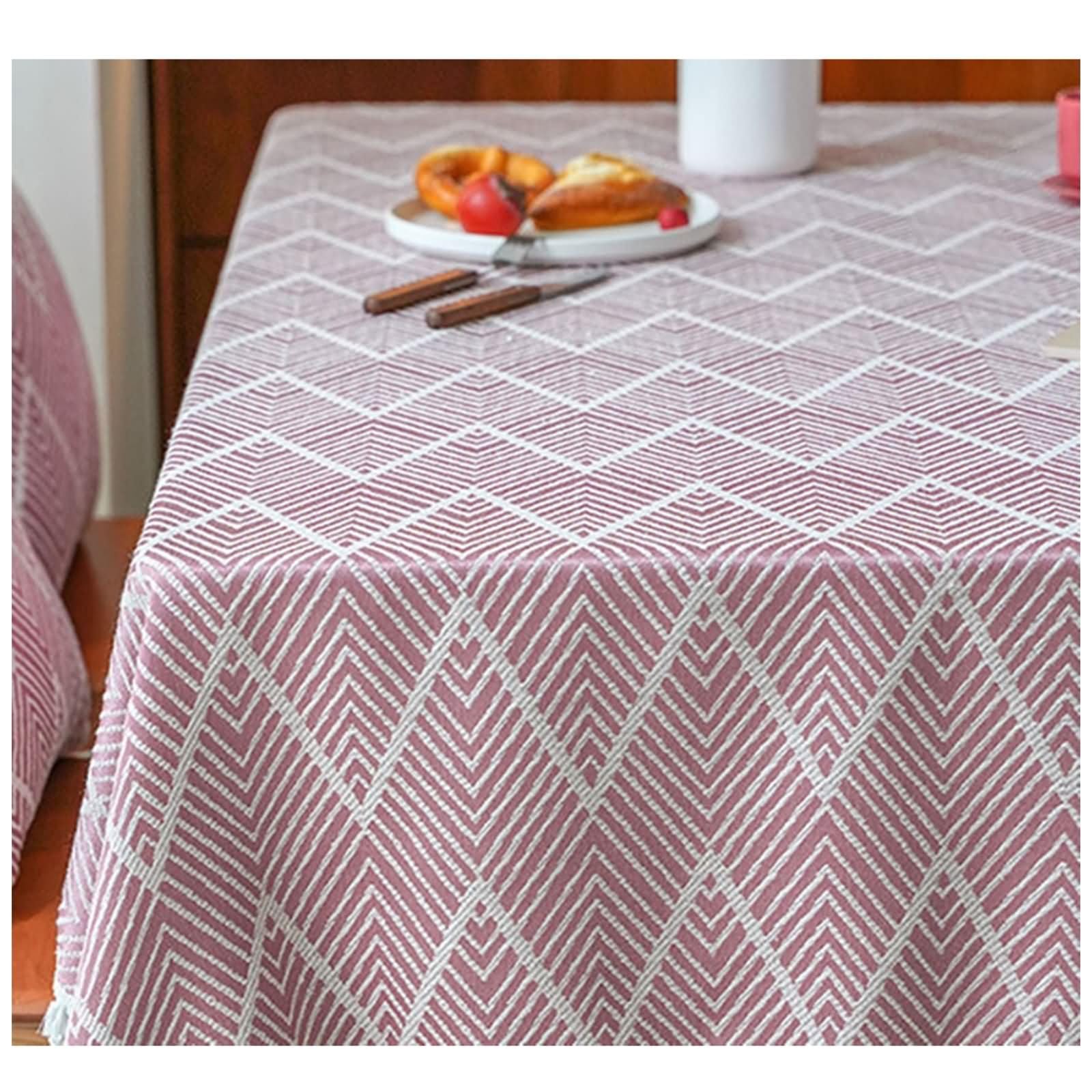 Tovaglia Rettangolari Compleanno Righe Ondulate con Nappe Tovaglia Tavola in Lino Rosa,140x300CM