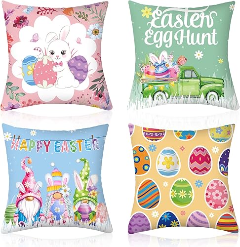 4 fundas de almohada coloridas de Pascua de 18 x 18 pulgadas fundas de almohada de Pascua decorativas para primavera casa de campo conejito de