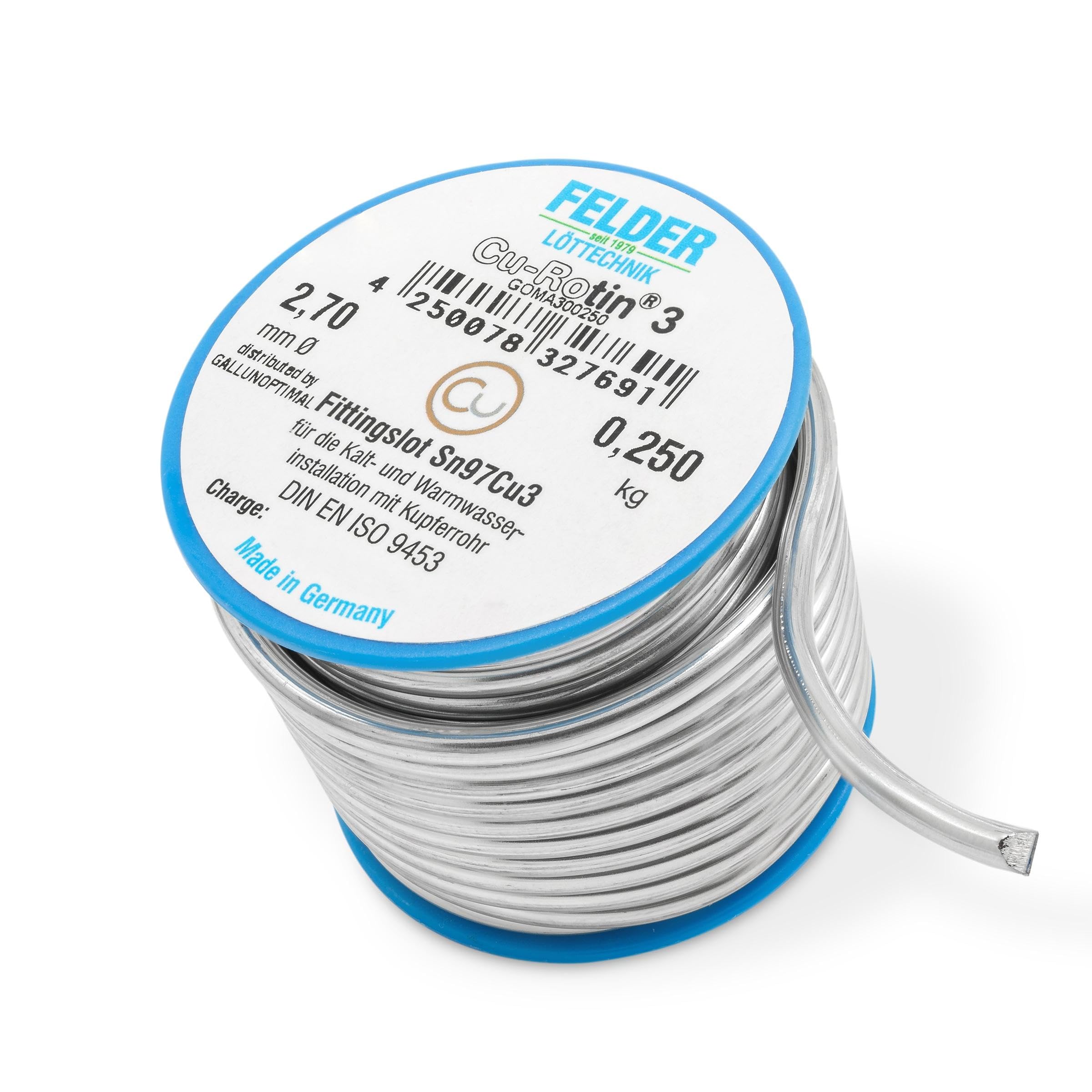 by FELDER Fittingslot Cu-Rotin 3 | Ø 2,7 mm | zum Weichlöten von Kupferrohren in der Trinkwasser- und Heizungsinstallation | Sn97Cu3 | Schmelzbereich 230-250°C | 250 g Spule