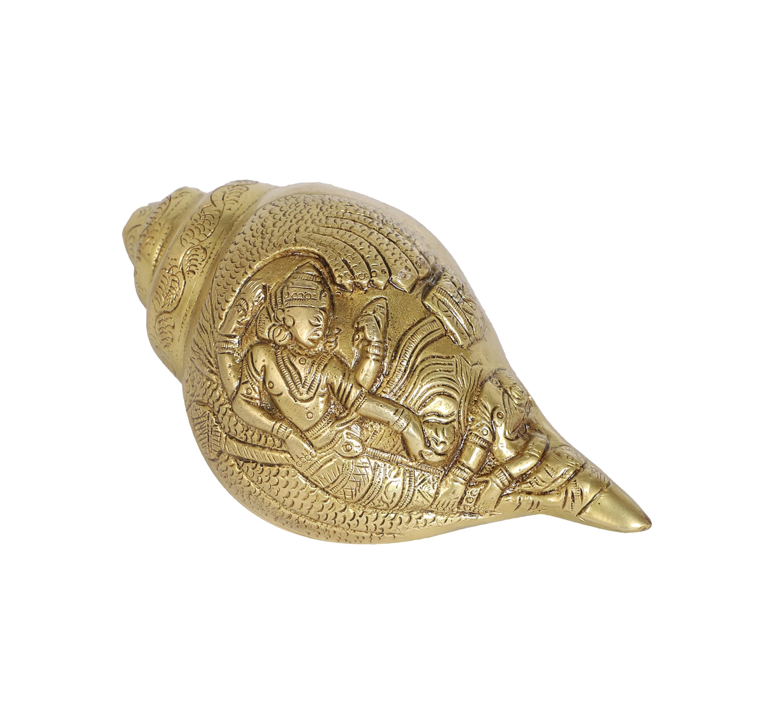 Two Moustaches Brass Shankh with Vishnu Carving Antique Yellow-image-20