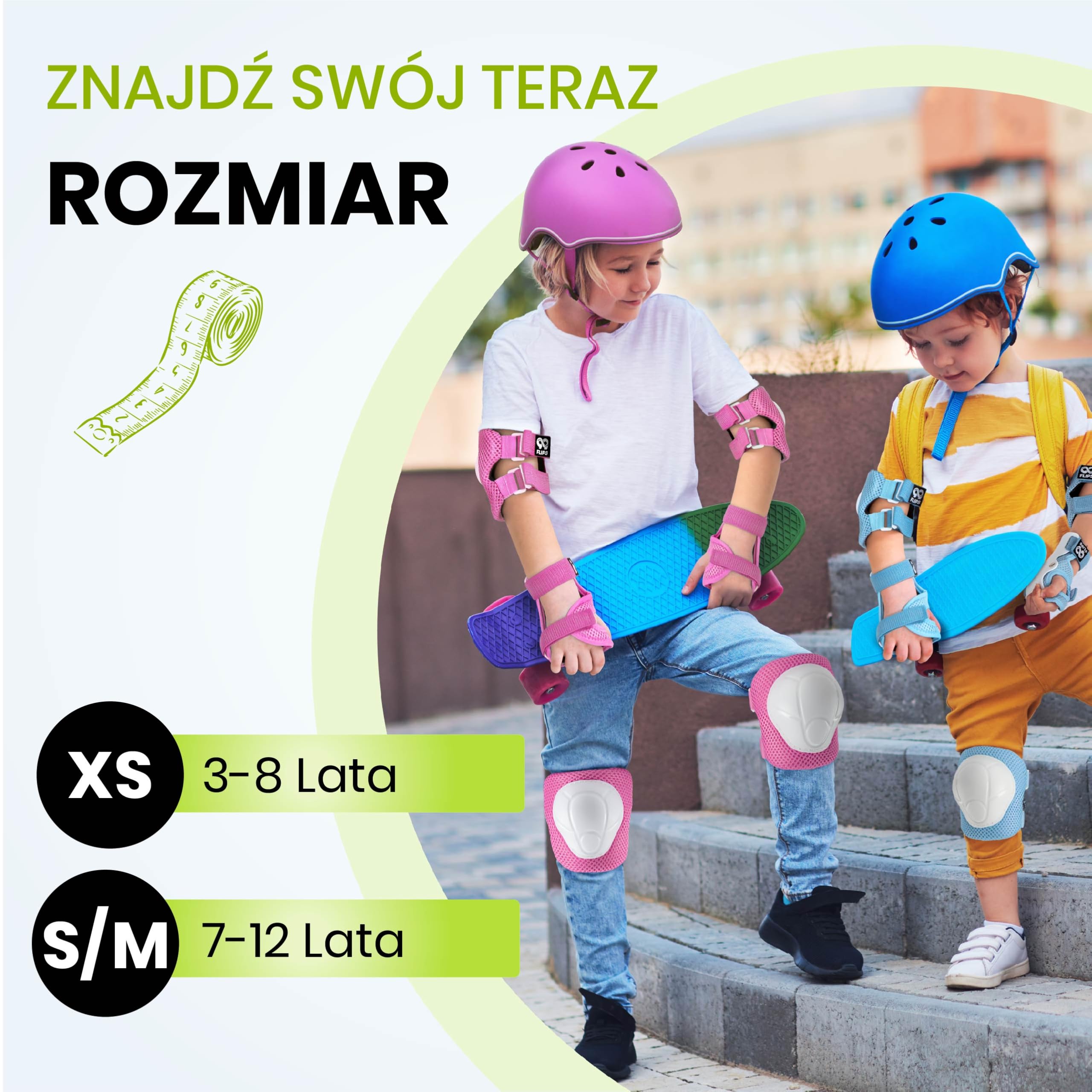 99FLIPS FLASH Zielone Ochraniacze dla Dzieci S/M Zestaw 6 el Nakolanniki Nałokietniki i Ochraniacze na Nadgarstki na Rolki