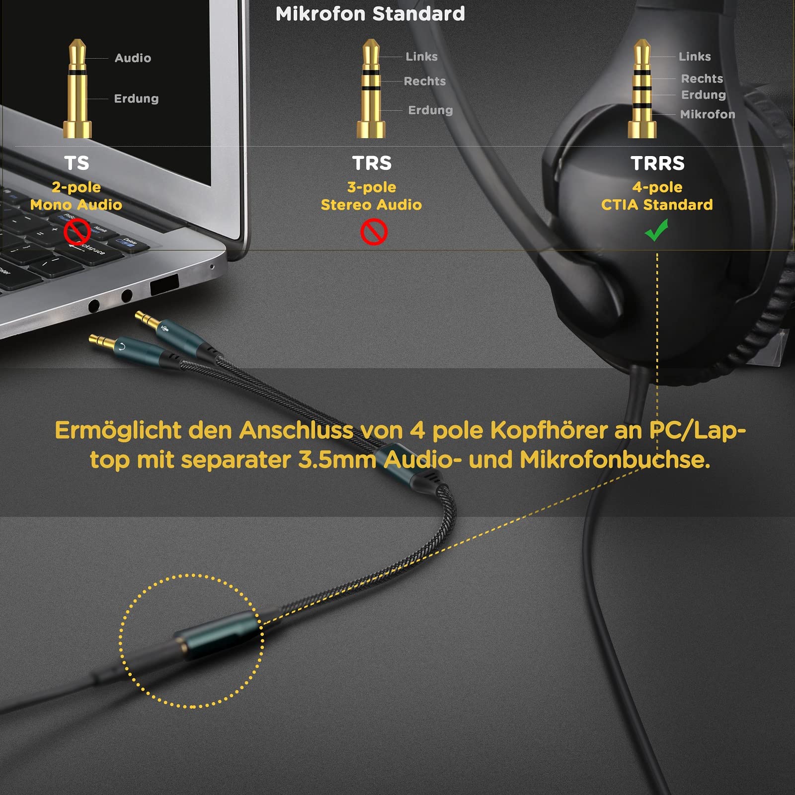 Cavo Audio 3,5 Mm Adattatore Cuffie SOLMIMI 3,5 Mm - Splitter Audio E Microfono | Per PC E Laptop Adattatore PC Gaming - Foto 5