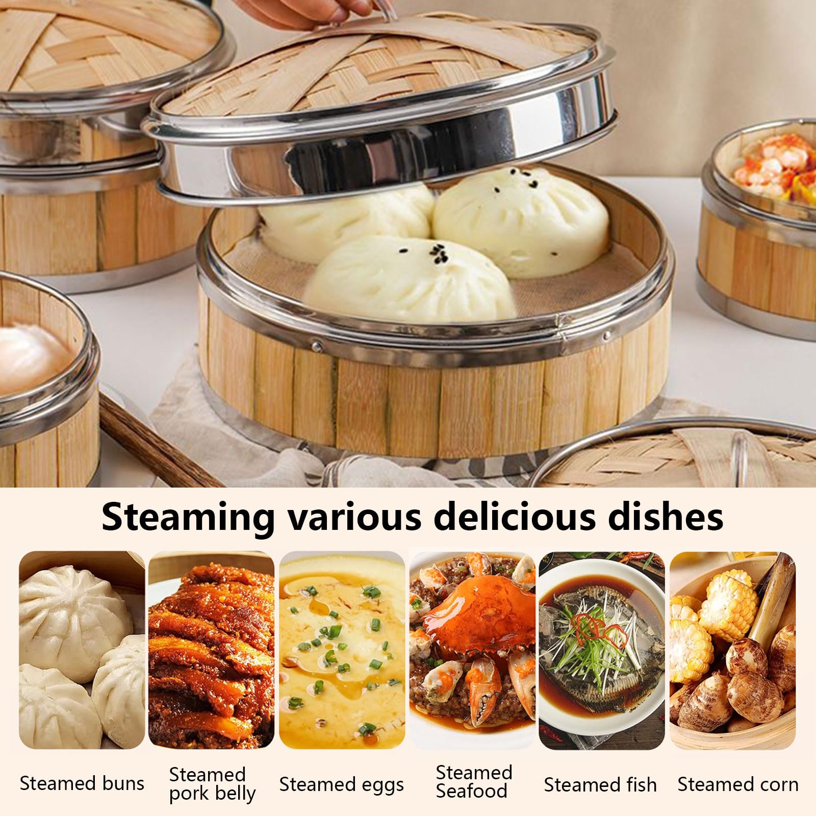 AIZYR Vaporera China De 3 Niveles Vaporera De Bambú con Tapa Cesta Vaporera De Bambú Reutilizable para Cocinar Arroz, Dim Sum, Pescado, Carne,7 Inch
