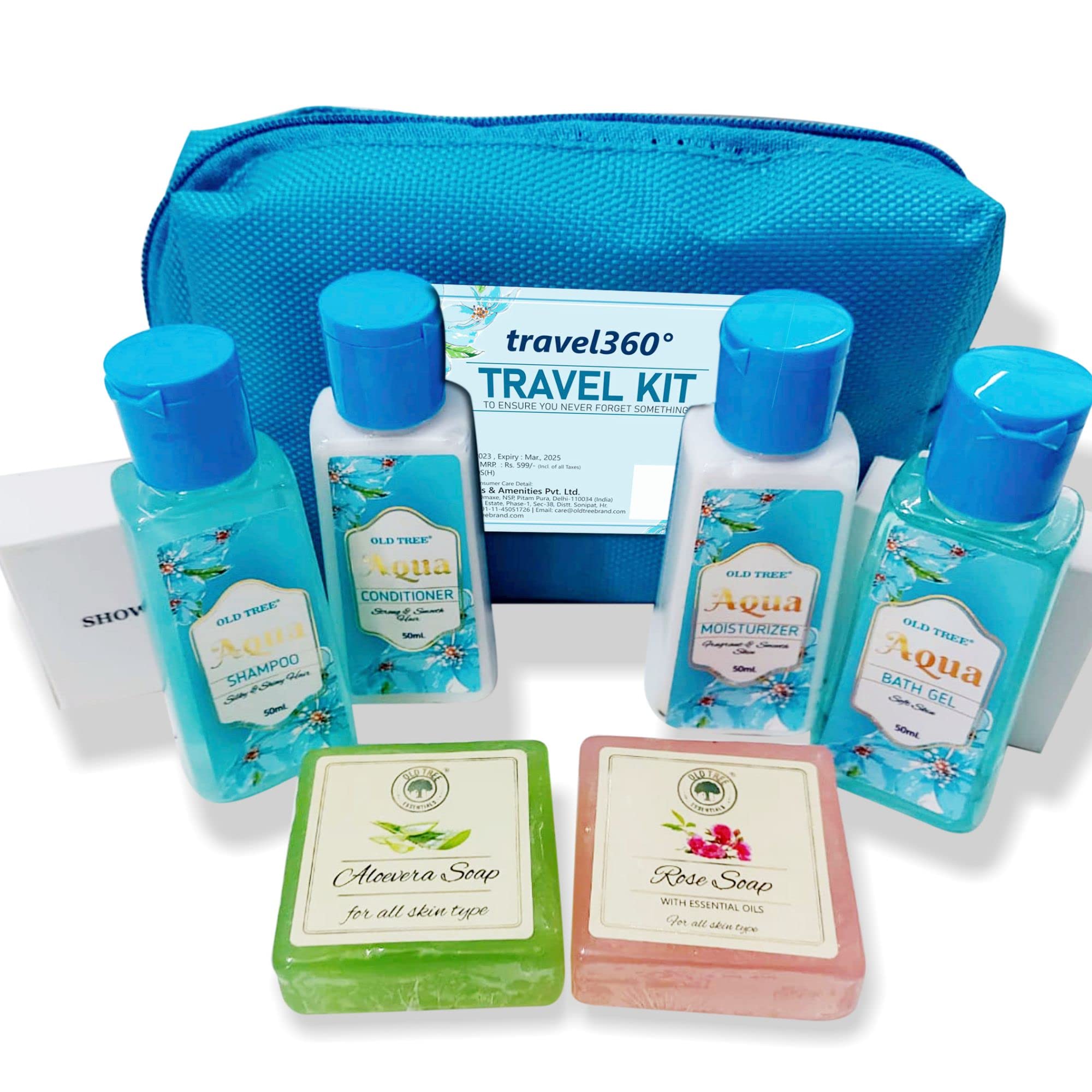 Travel 360 Degree Travel Kit with Toiletries Set Perfect Gift Set for Women | Hotel Amenities Travel Kit Contains 50 ml Tolitries set of 4, and Rose & Aloevera Soap 50 gm, 1 Shower cap, 1 Sanitary bag