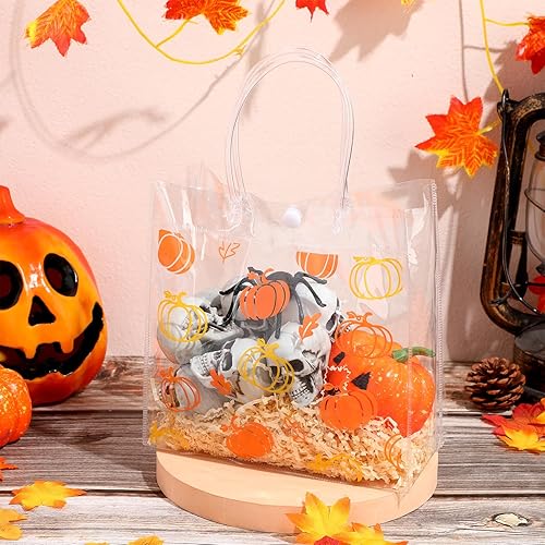 Miniatura 5 de Aliceset 12 bolsas de regalo de PVC con diseño de calabaza de otoño con asa, hojas de otoño transparentes, bolsa de golosinas de calabaza para