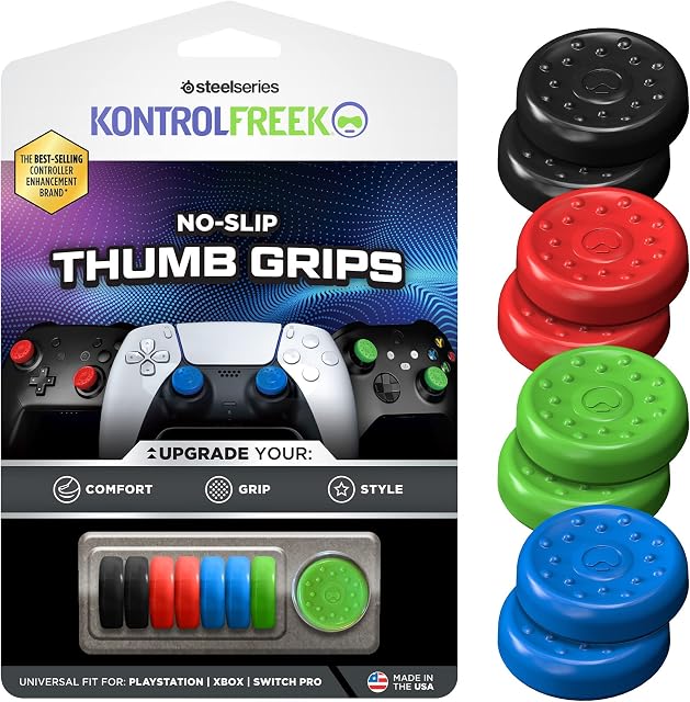KontrolFreek No-Slip Poignées de la pouce universelles Edition pour Nintendo Switch Pro, PlayStation 4 (PS4), PlayStation 5 (PS5), Xbox One & Xbox Series Contrôleur X 8-Pack | Bleu/vert/rouge/noir