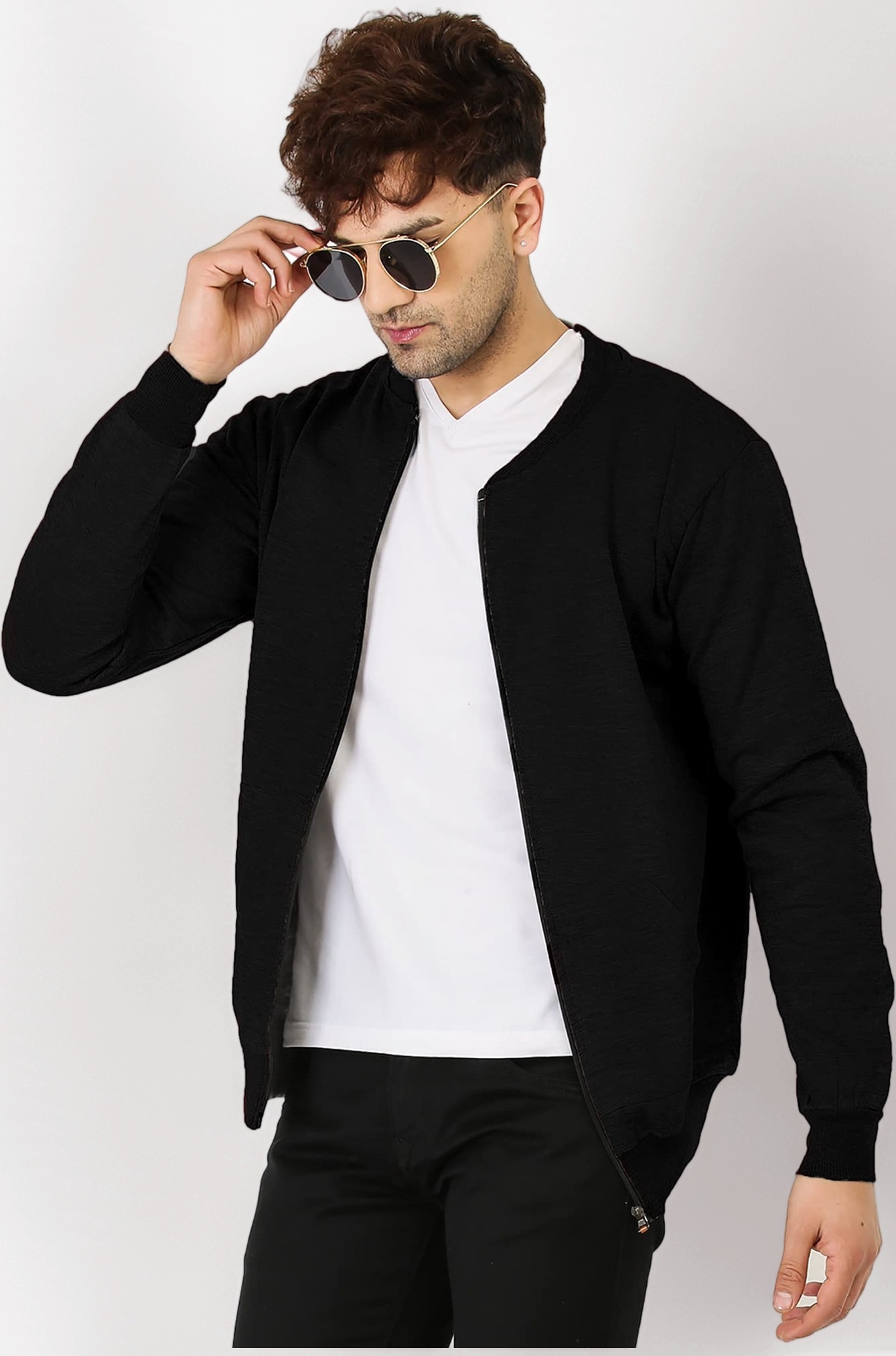 LEOTUDE CASUAL JACKET For Men's Loopknit Regular Fit Full Sleeve Zipper Bomber Jacket for men (Color: Black)