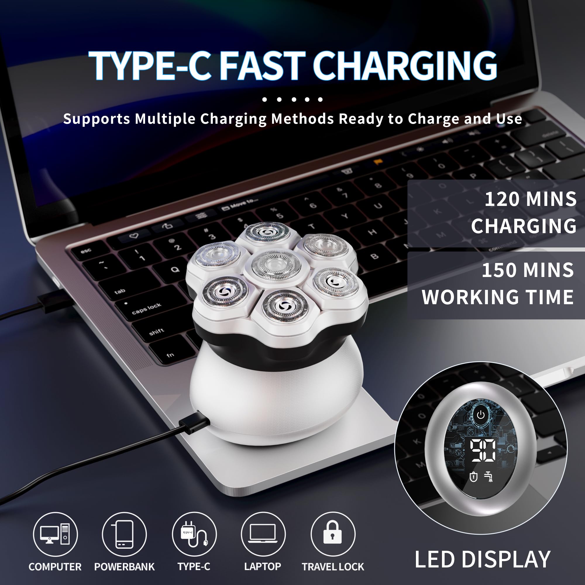 Rasoio elettrico rotativo magnetico 7D da uomo, rasoio elettrico a testa calva, rasoio cordless USB-C ricaricabile, IPX6, impermeabile, per rasatura bagnata/asciutta con display LED, regalo per uomini