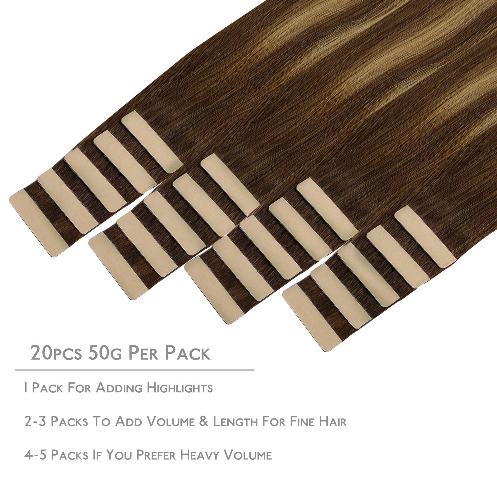 WENNALIFE tape Real Hair Extensions, 20 Pieces, 50 g, 40 cm/16 Inches, Balayage Chocolate Brown to Caramel Blonde, Remy - Image 2