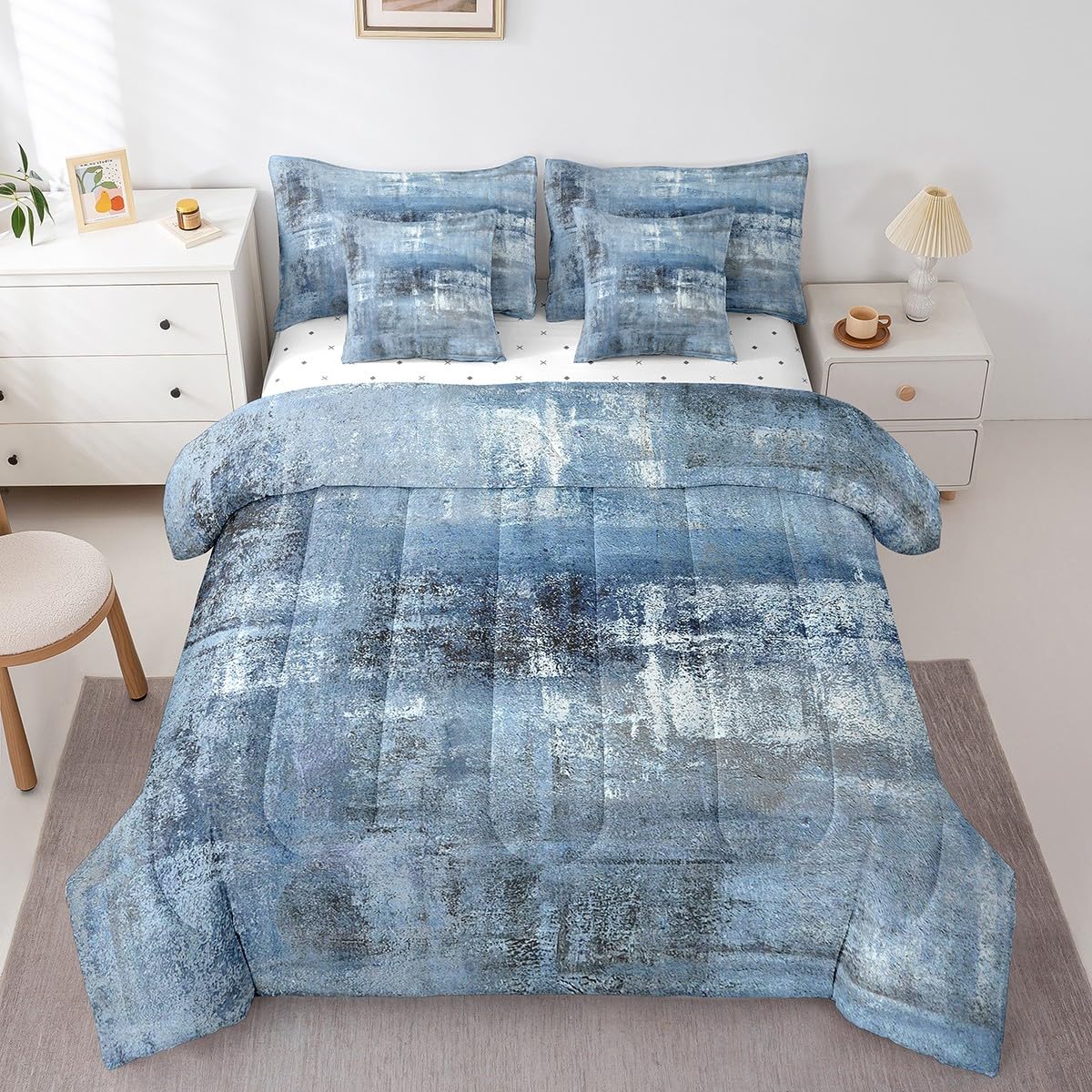 Erosebridal Blue White Grey Ombre Bedding Set Full Size 7-Piece - Oil Painting Comforter Set With Sheets & Pillowcases