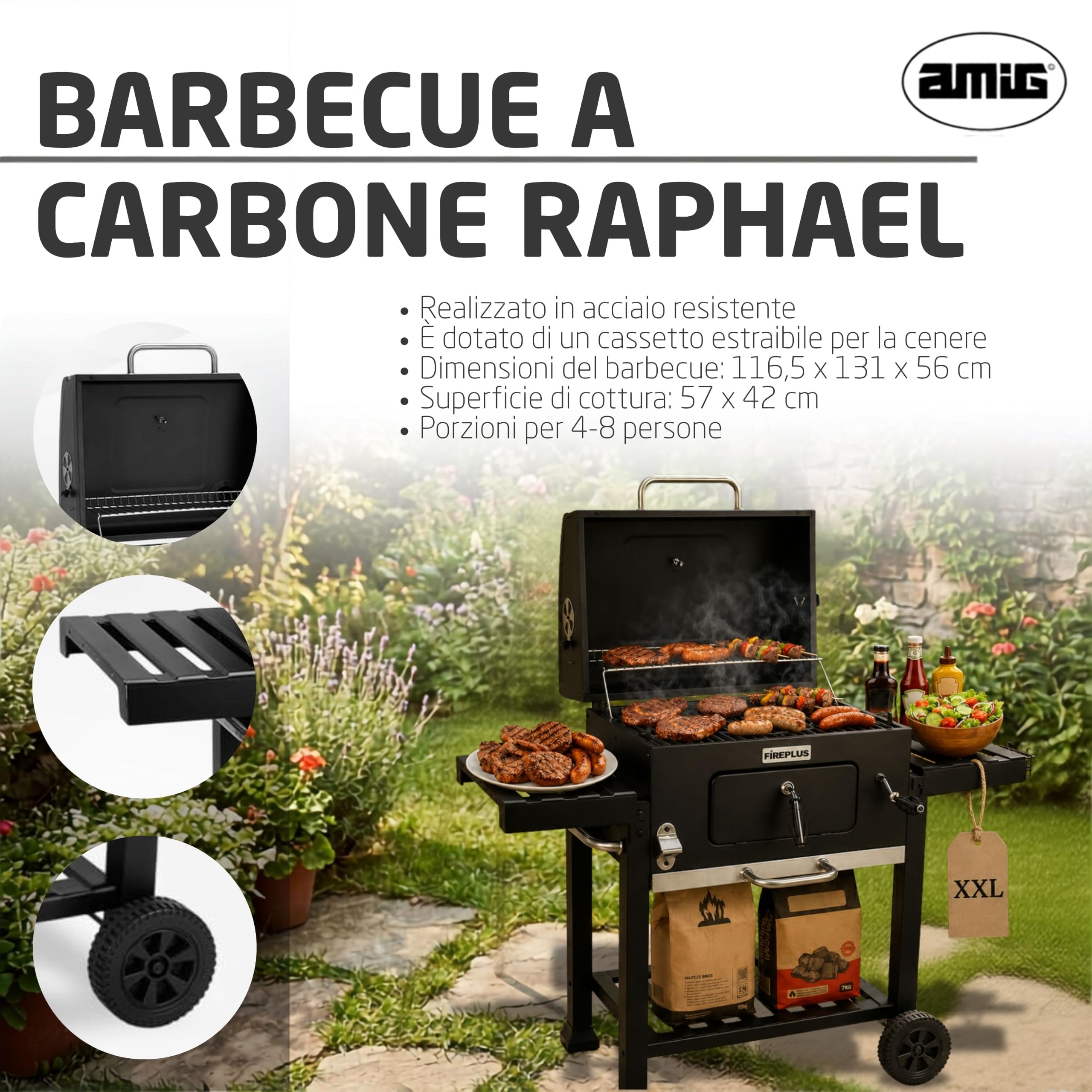 Amig - Barbecue portatile a carbone Fireplus - Con ruote e ripiani laterali - Sistema di ventilazione e cassetto raccogli cenere - Griglia in acciaio 57 x 42 cm - Dimensioni: 116,5 x 13,1 x 56 cm