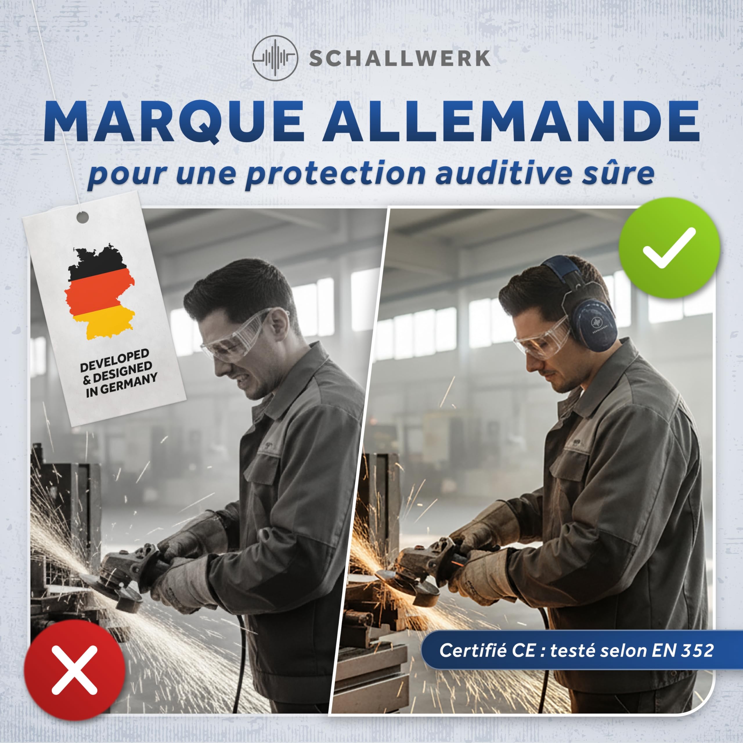 Schallwerk ® Work+ protection auditive de travail – taille des casque anti bruit ajustables – atténue le bruit et protège l'audition – idéal pour le travail et la vie quotidienne (Navy Blue)