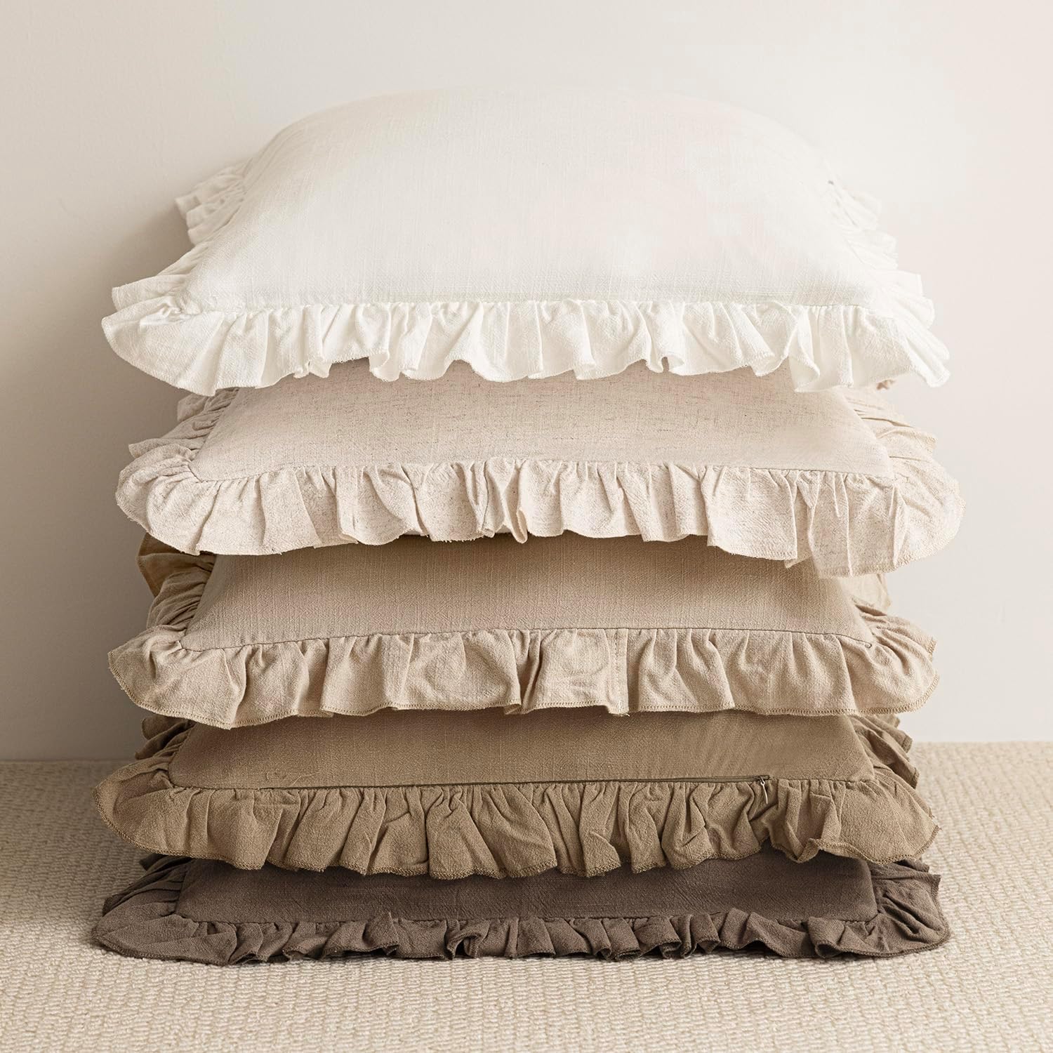 Foindtower Set of 2 Decorative Soild Fringe Ruffle Throw Pillow Covers Soft Boho Farmhouse Cushion Cover Cozy Accent Retro Pillowcase for Couch Sofa Bed Living Room Home Decor,20×20 Inch,Light Brown