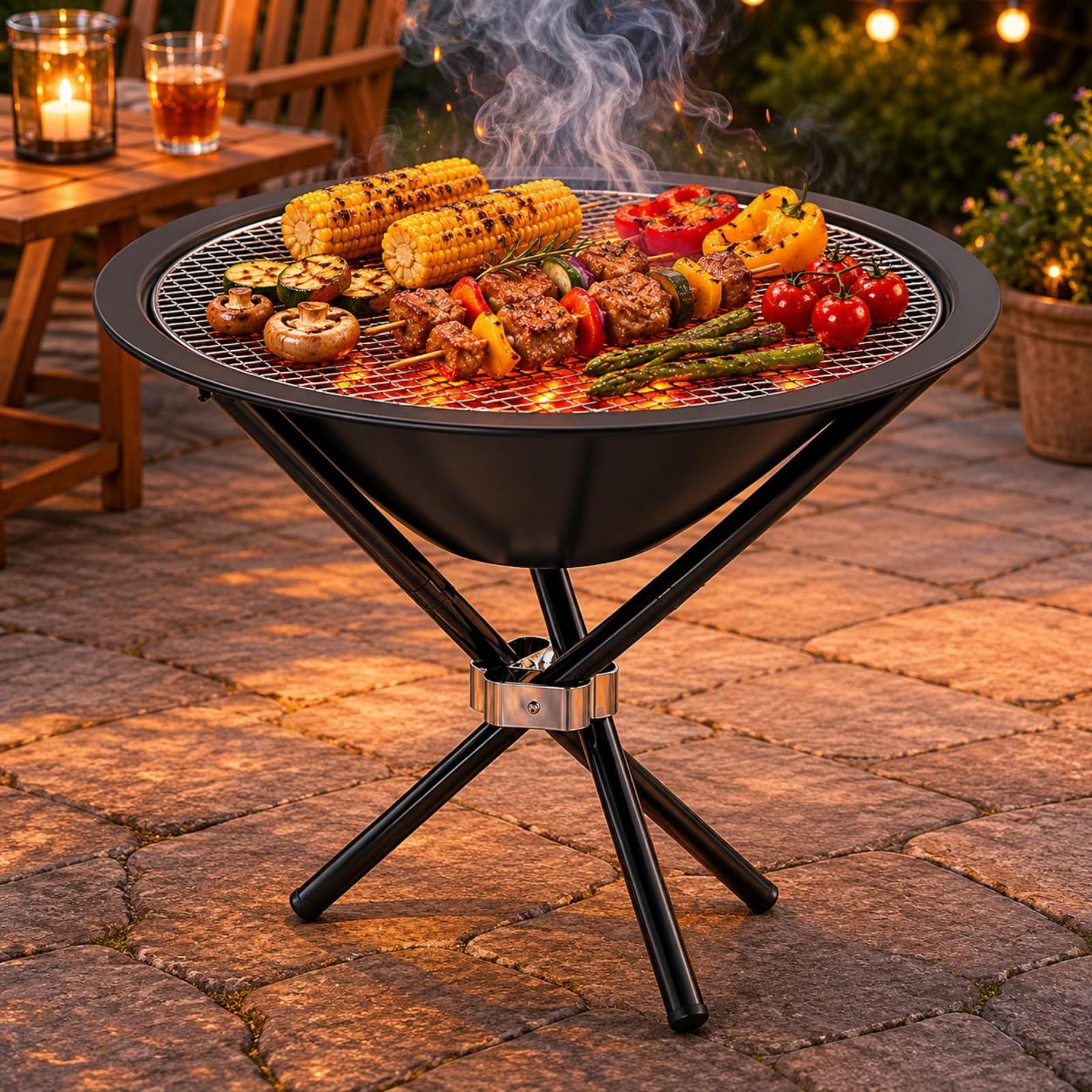 Baoblaze Grill Portatile Pieghevole Barbecue Braciere Graticola Rotonda Bacino Fuoco con Struttura Pieghevole in Acciaio per Riscaldare E Grigliare Adatto per Campeggio Cortile Spiaggia Viaggio