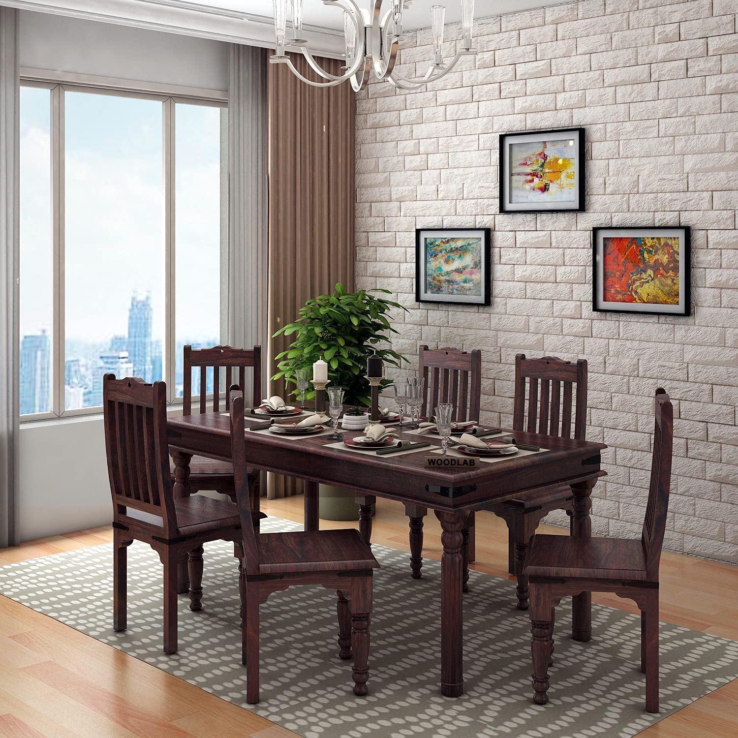 WOODLAB Sheesham Wood Dining Table Set with 6 Chairs for Home Dining Room Wooden 6 Seater Dinner Table for Living Room Hotels Restaurants – Walnut Finish