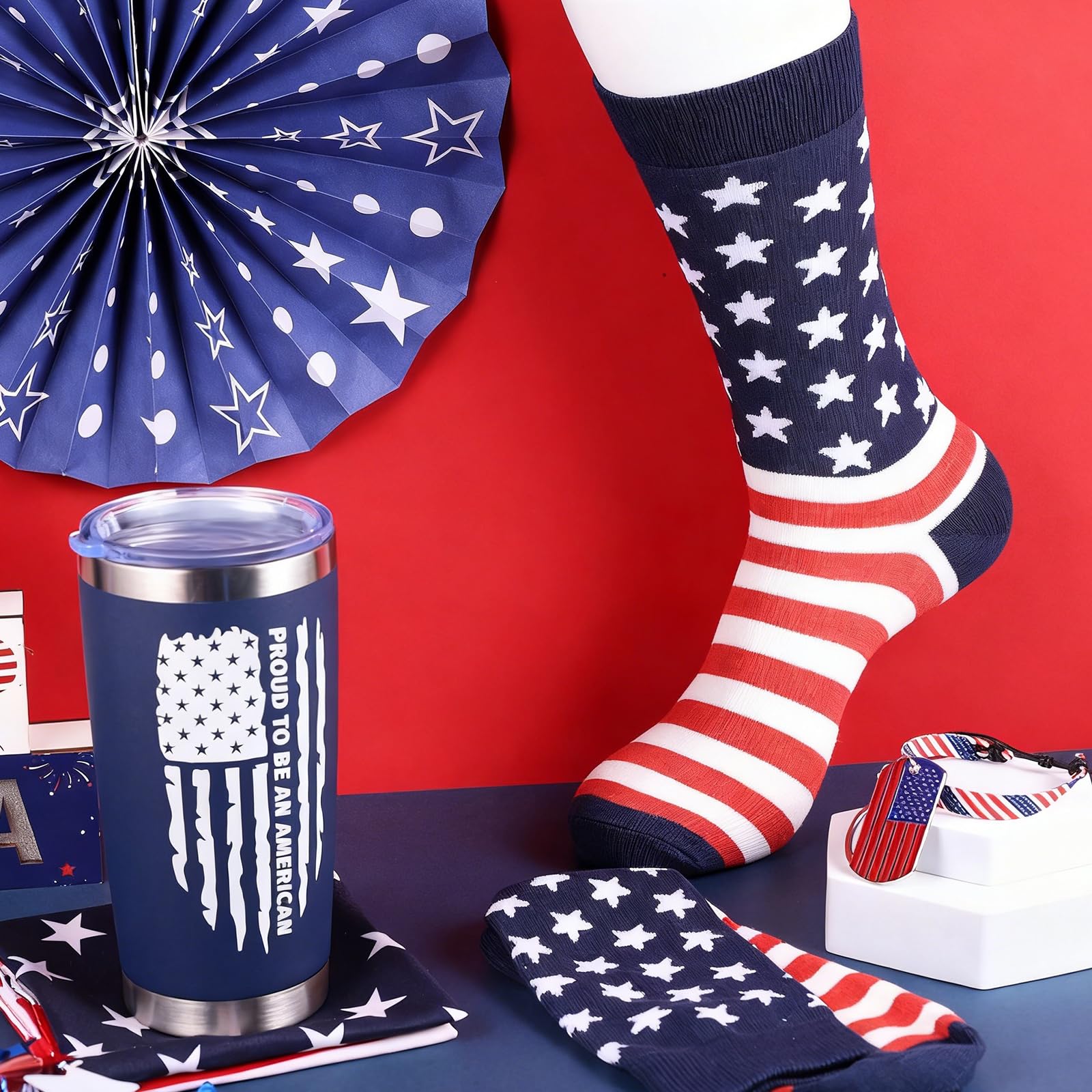 Yoiemivy 6 Pcs New US Citizenship Gifts American Flag Gifts Tumbler Set with American Flag Sock Bandana Bracelet Keychain Patriotic Citizen Gifts Box Basket for Foreigners Veterans