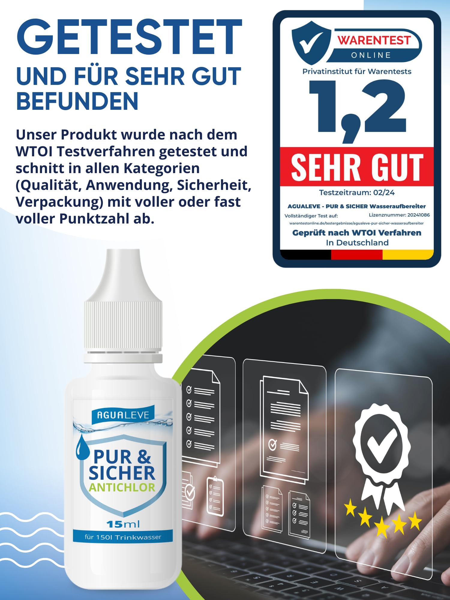AGUALEVE® Antichlor 15ml für 150l Wasser *NEU* | Neutralisiert Chlor im Trinkwasser | Perfekt für Reisen und nach Wasserentkeimungstabletten | Markenqualität Made in Germany | mit Note 1,2 getestet