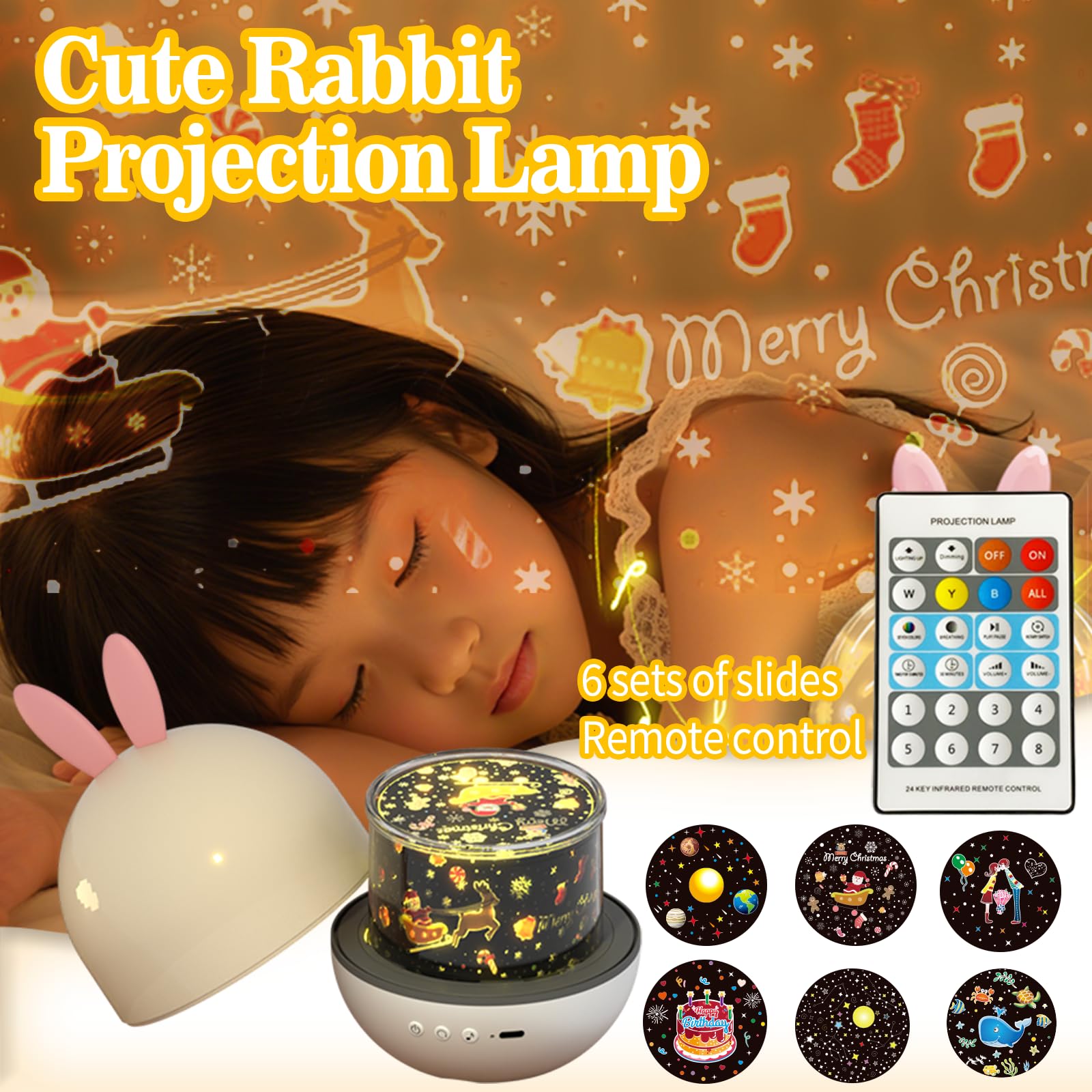 Colorful Life Proyector de estrellas de conejo, luz nocturna para habitación de niños con control remoto, 8 música y 6 películas, lámpara LED giratoria (blanco, cálido, azul hielo, modelo de ocho