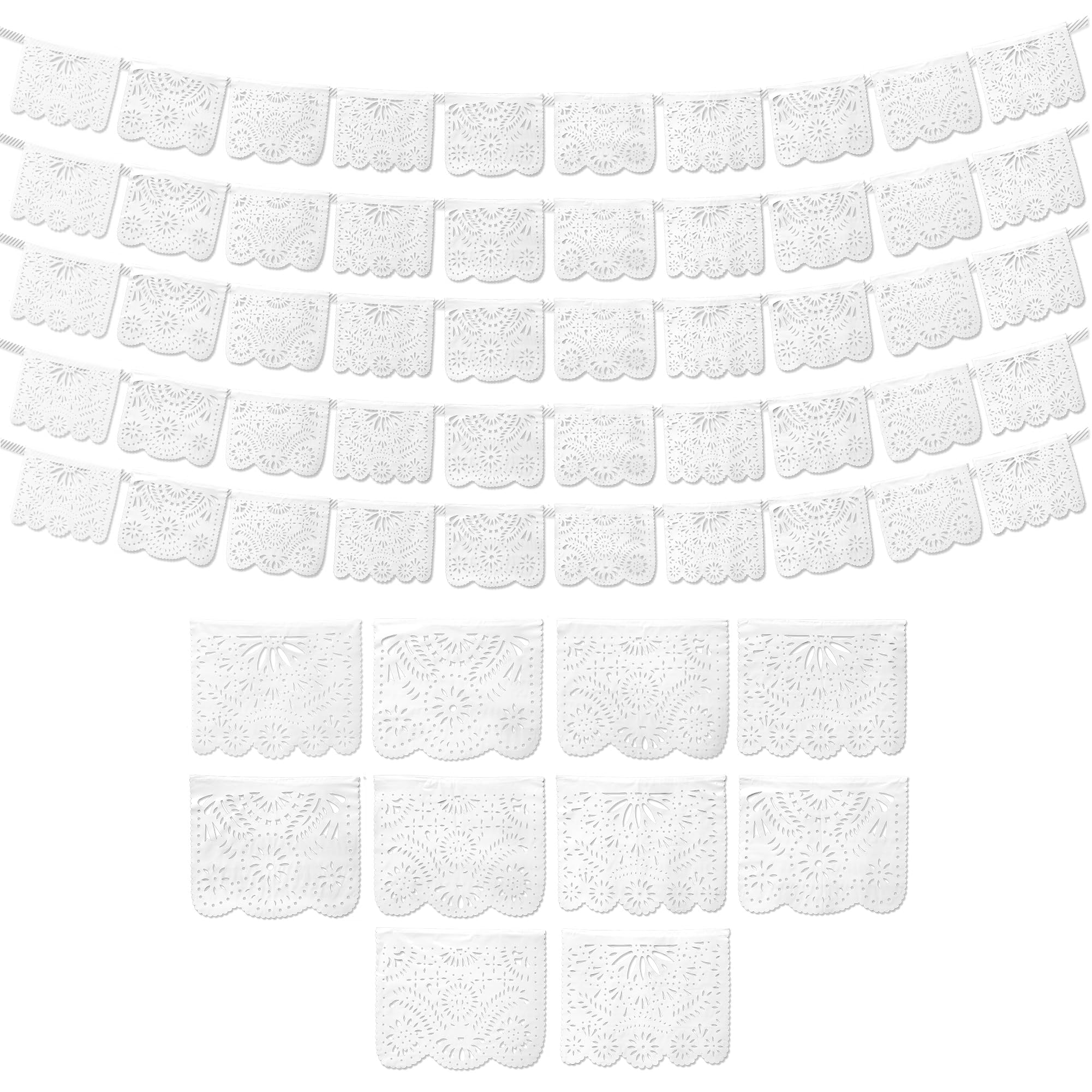 White Papel Picado Banner (5 Pack,10 Plastic Flag Designs per Banner),White Mexican Banners for Parties and Weddings,Papel Picado Mexicano para Decoraciones Mexicanas,Papel Picado Blanco