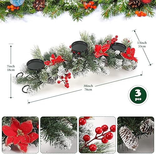 Miniatura 2 de Centro de mesa artificial de Navidad con 3 portavelas, flores rojas, bayas rojas y conos de pino nevado, base de acero, decoración de Navidad para