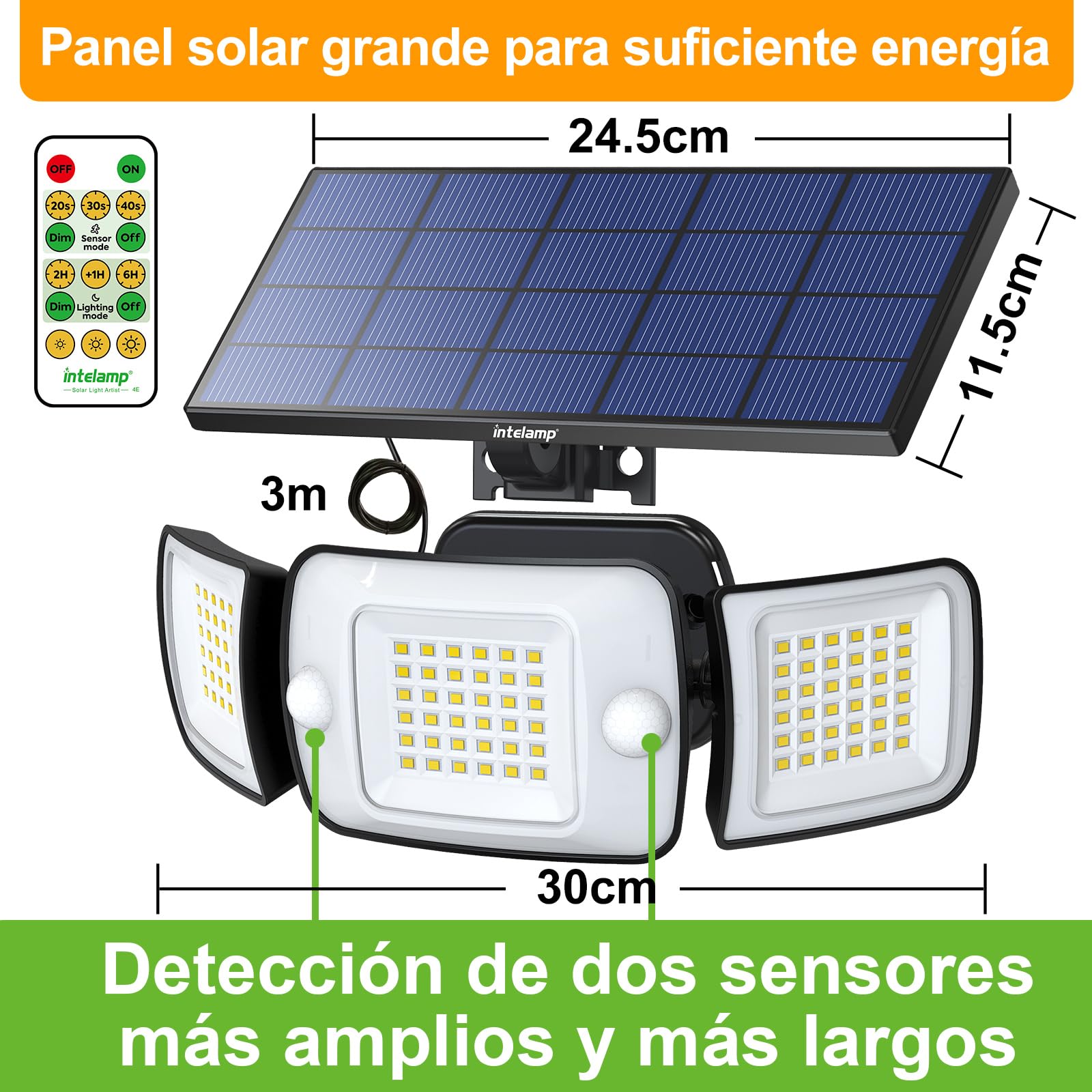 intelamp Focos Exterior Solares, 6000mAh Doble Sensor 270°Iluminación Sensor de Movimiento, 6500K, IP65 Luz Solar Exterior Jardin Lampara Solar con Mando a Distancia para Jardín, Garajes, 4 Modes
