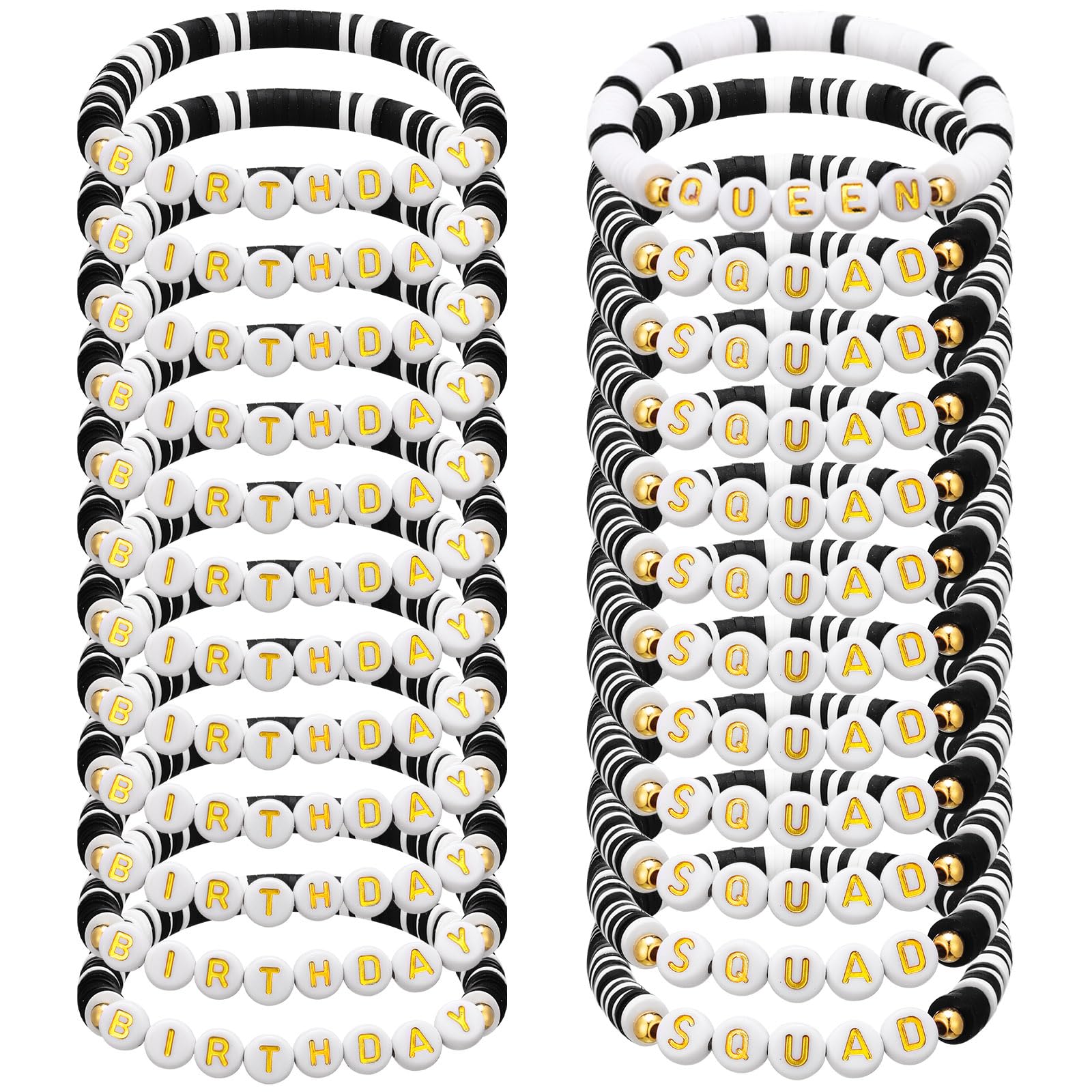 Quelay 24 Pack Birthday Party Polymer Clay Letter Beaded Stretch Bracelet Birthday Squad Gold Heart Beaded Bracelet Gradient Color for 20th 30th 40th