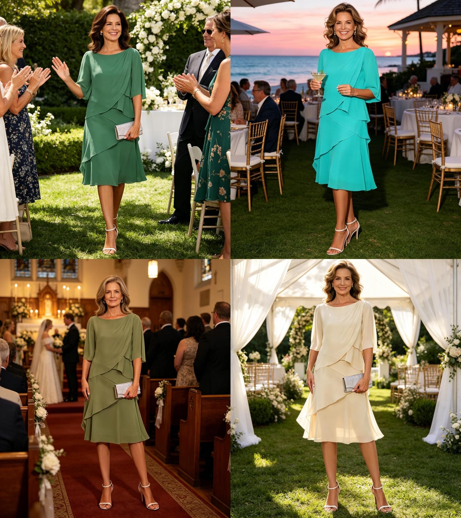 Chiffon-Kleid mit Rüschen, für Abendveranstaltungen, gestuft, für die Brautmutter mit Ärmeln