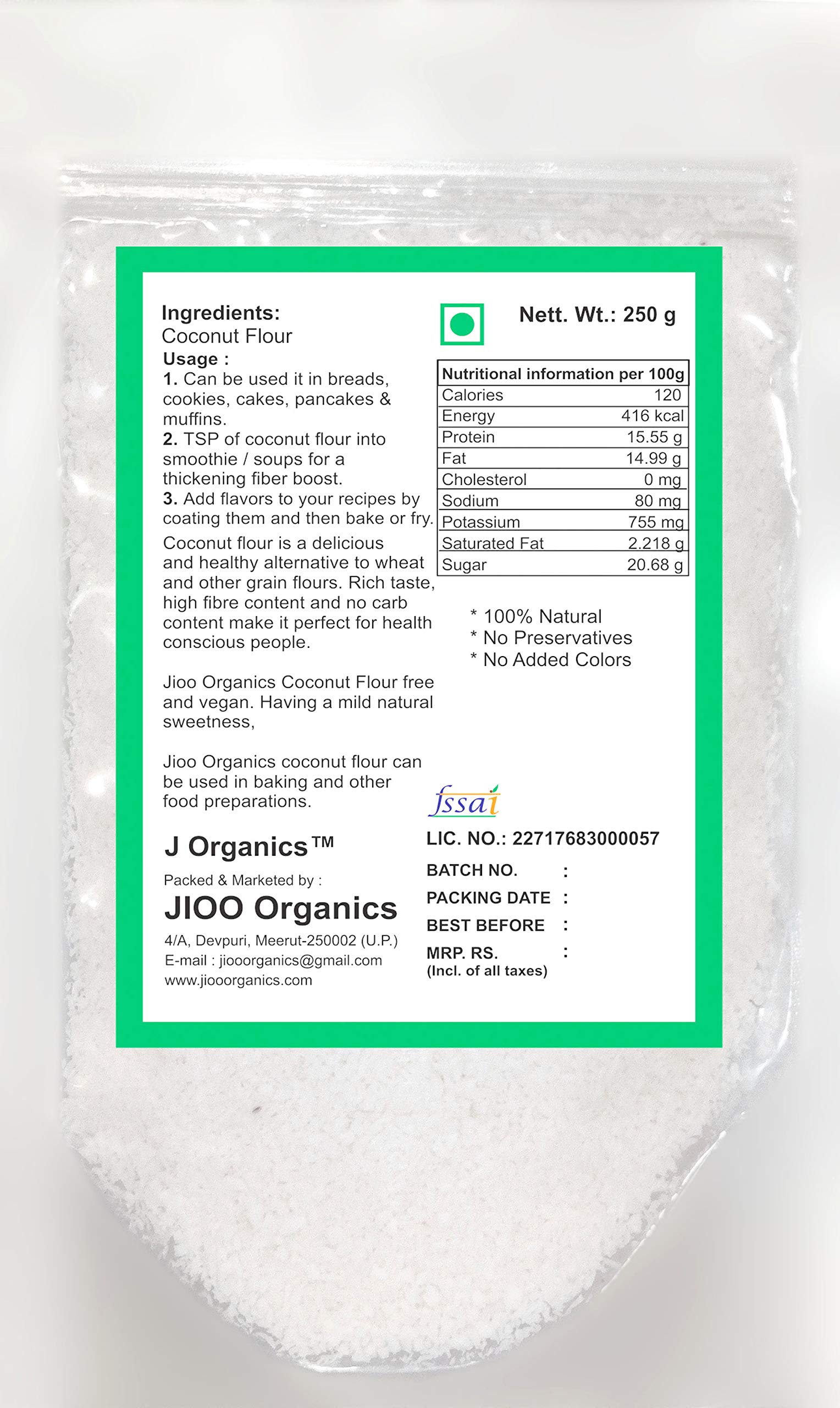 Jioo Organics Coconut Flour | Gluten-Free, Delicious, Fiber-Rich, Paleo Friendly, 250g - Image 2 thumbnail