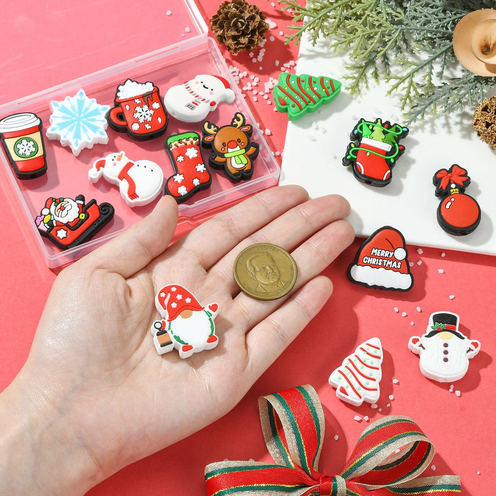 UR URLIFEHALL 15 Pcs 15 Styles Silicone Beads Colourful Santa Claus Tree Drink Silicone Focal Beads for Pens Keychain Lanyard Decorative Craft - Image 4