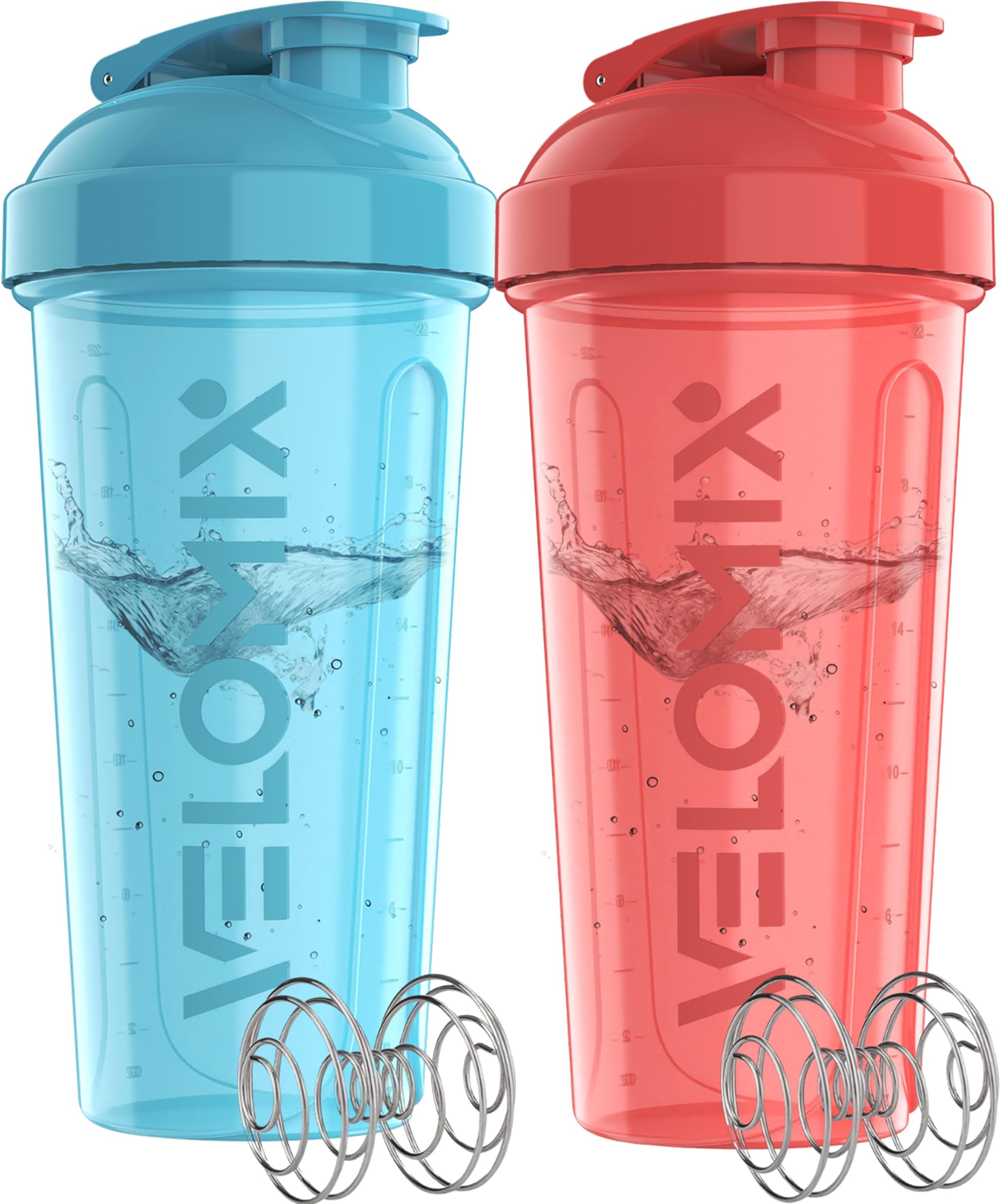 VELOMIX -2 Pack- 28 oz Protein Shaker Bottles for Protein Mixes - 2x Wire Whisk | Leak Proof Shaker Cups for Protein Shakes and Pre Workout | Protein Shaker Bottle Pack (999) Blue/Pink