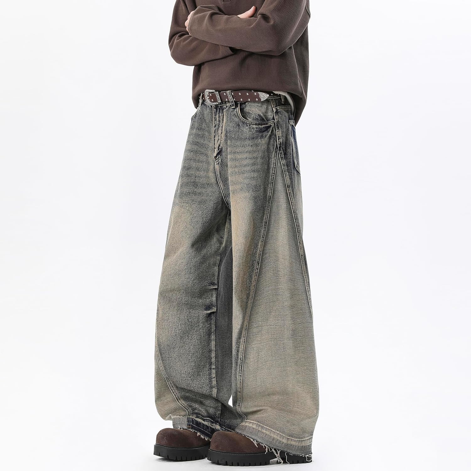 Men's Baggy Wide Leg Jeans Y2k Skater Denim Pants Casual Loose Fit Long Trousers Streetwear