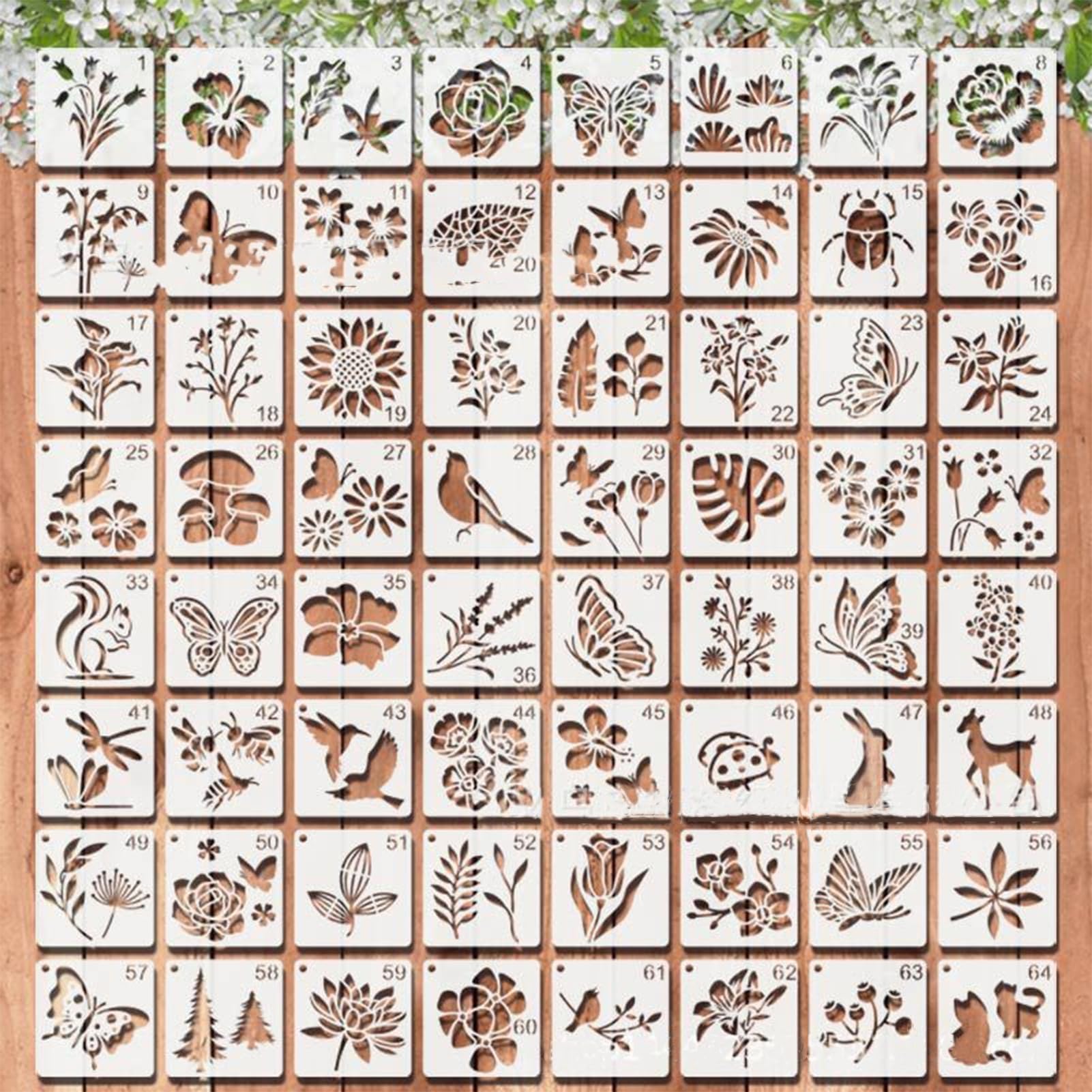 64 PCS Flower Stencils for Painting, Small Stencils for Crafts Reusable 3 inch Reusable Openwork Nature Painting for DIY Crafts Journal Scrapbook Wood Wall Home Decor