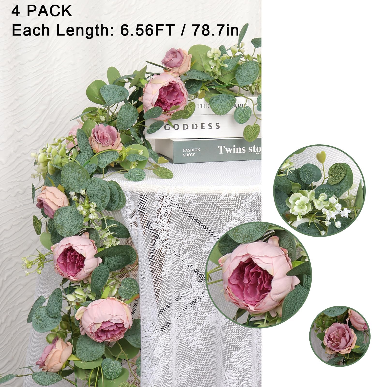 SOMYTING 4 Pcs 26.2FT Artificial Eucalyptus Flower Garland with Fake Rose Flower Vine Seeded Eucalyptus Leaves Greenery Garland for Wedding Table Backdrop Party Centerpiece Room Decor (Vintage Pink) - Image 3