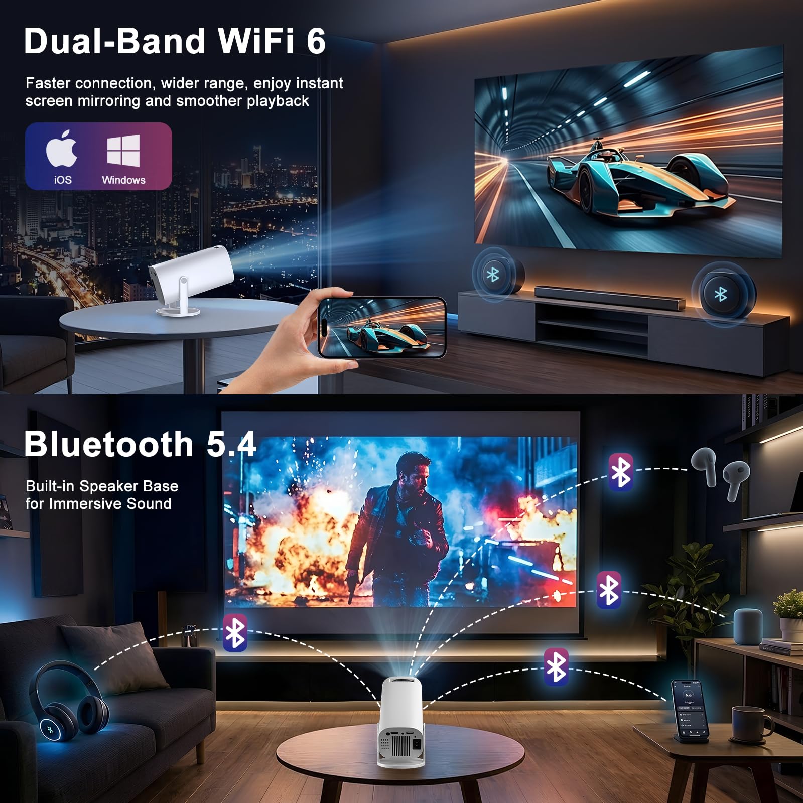 Mini Beamer 4K Unterstützt, Tragbarer Projektor mit WiFi 6 BT 5.4, Auto Keystone, 180° Dreh, weiß