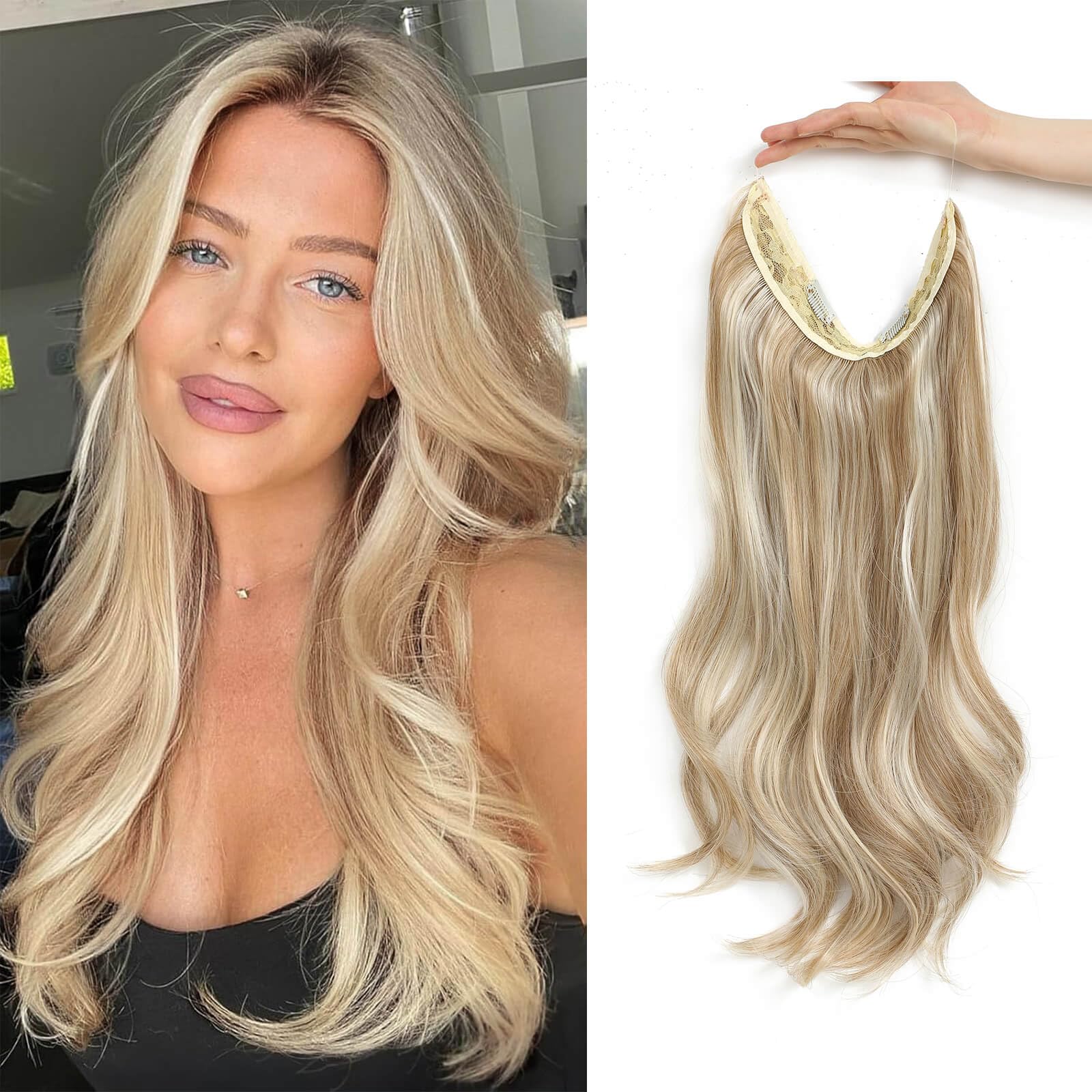 Flyroseing Body Wavy Halos Hair Extension, 18 Inch Synthetic Fiber Blonde Hair Extensions with Transparent Wire