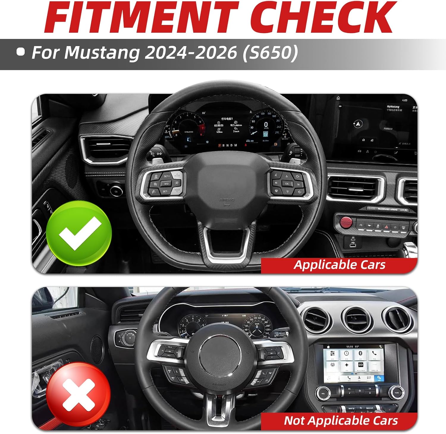 Heated Real Carbon Fiber Steering Wheel for Ford Mustang 2024-2026 (S650) GT Dark Horse EcoBoost, Track Style Red Stitching & Stripe, Flat Bottom Sport Grip Replacement, Retains OEM Heating