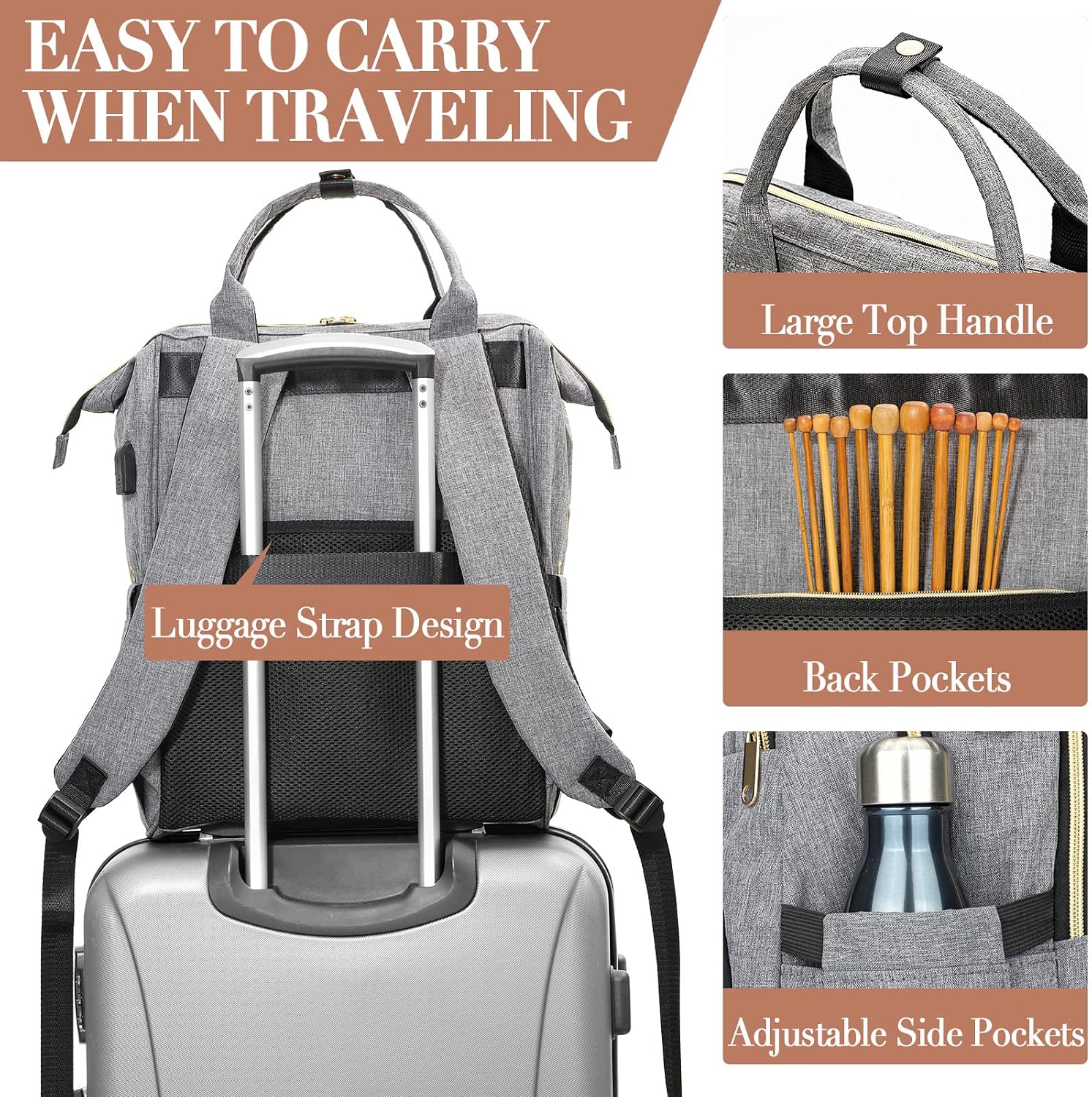 Knitting Bag Backpack, Crochet Bag Tote with USB Charging Port, Yarn Storage Organizer, Gifts for Crocheters Crochet Lovers Gift, Yarn Storage Tote Bag for Knitting & Crochet Accessories, Grey