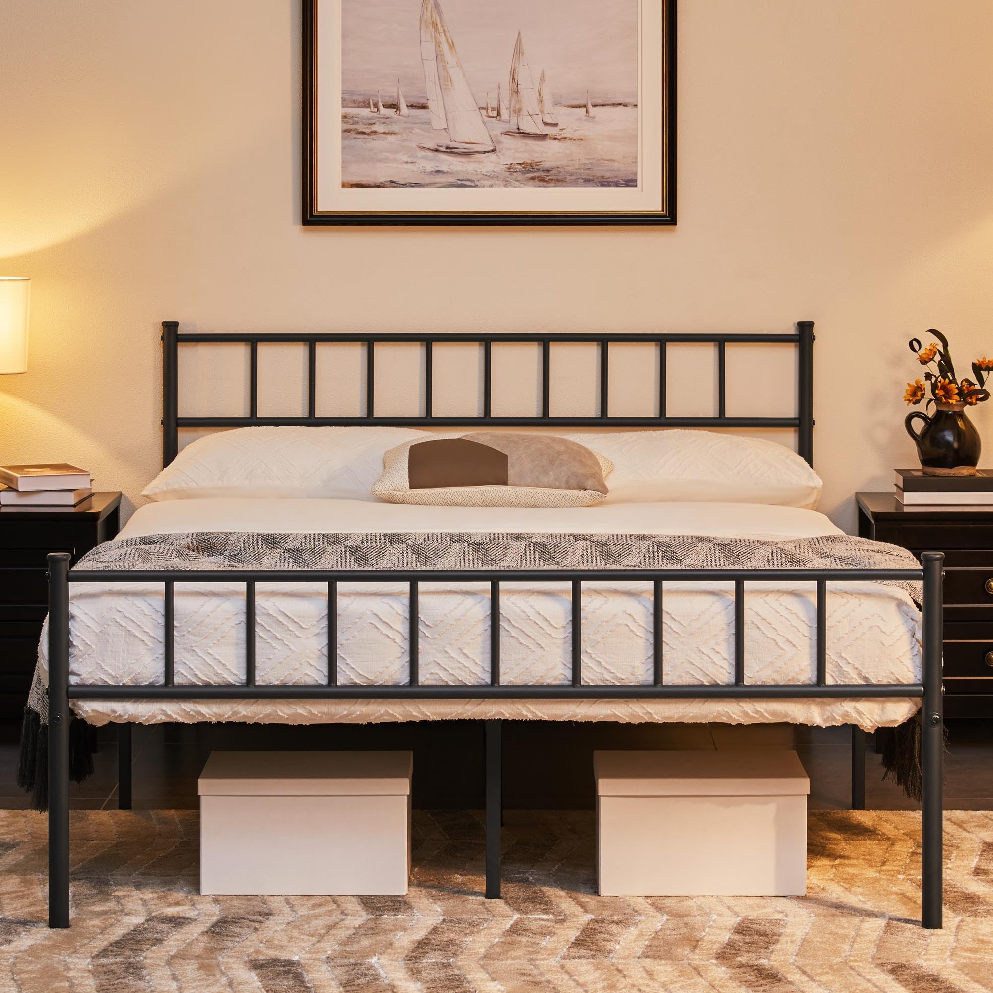 Abician Cadre de lit 140x200 cm Lit Double en Métal pour Adultes Grande Espace en Lattes Noir