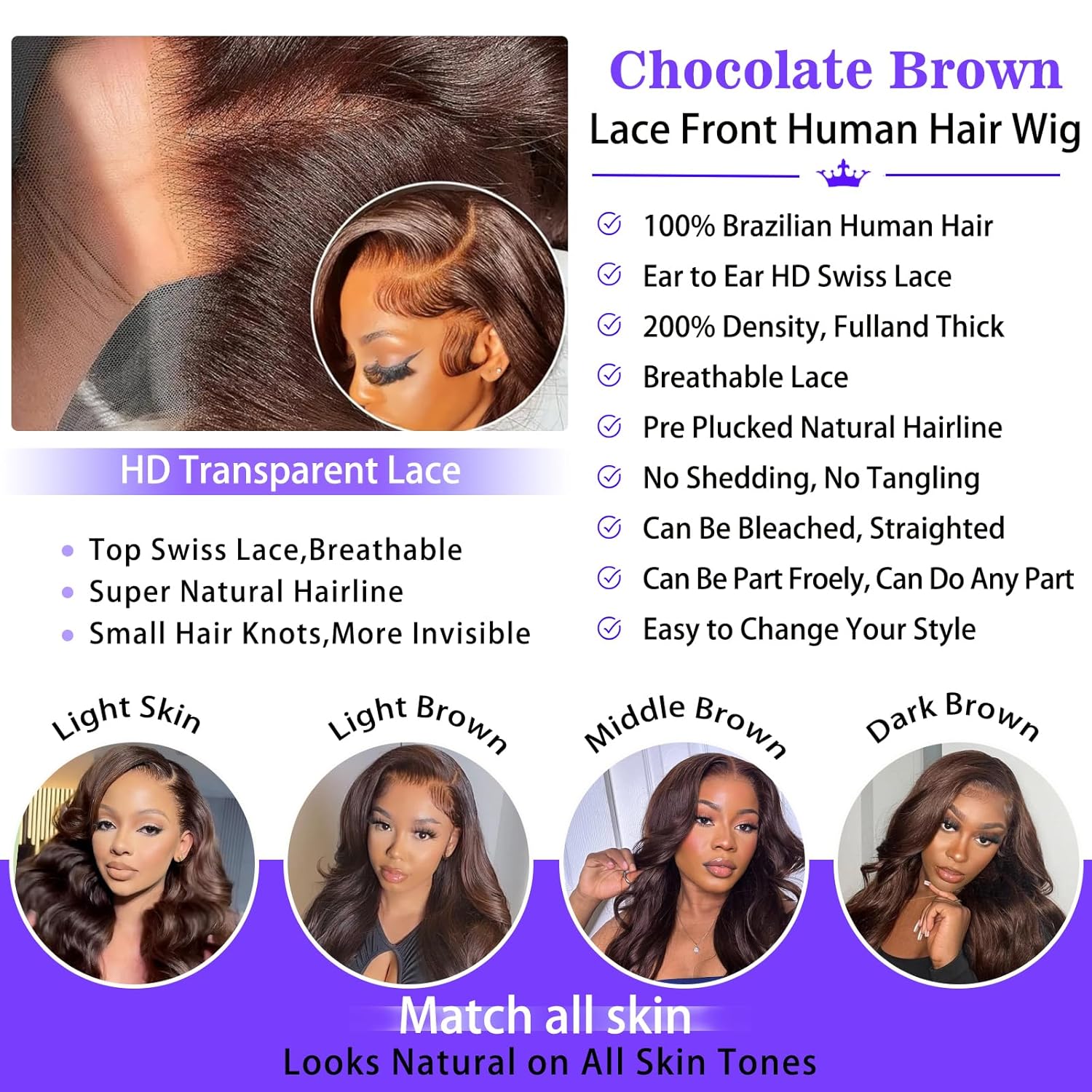 A8 Chocolate Brown Human Hair Wig 200 Density 13X6 Body Wave Lace Front Wigs Human Hair HD Frontal Wigs Pre Plucked Glueless Brown Lace Front Wig for Women 26 Inch - Image 3
