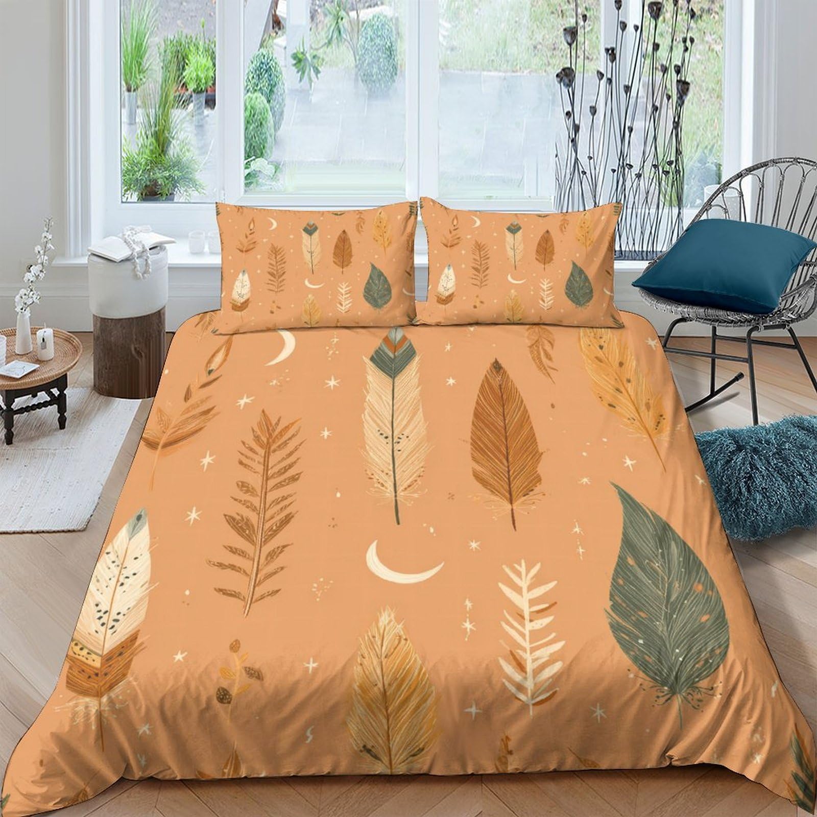 Ctjqhvkz Style-7 3D Printed Autumn Leaf Fitted Sheet Microfiber Soft Orange Botanical Feather Mattress Cover Bedroom Decor Single（135X200cm）