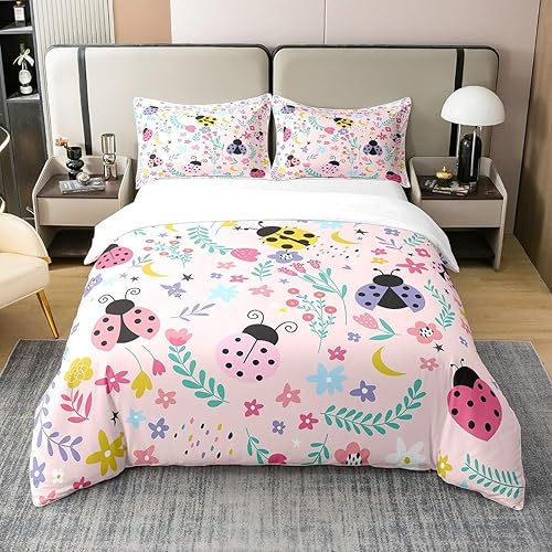 Erosebridal Funda de edredón de mariquita 100% algodón, juego de ropa de cama floral rosa, funda de edredón de animales de dibujos animados para