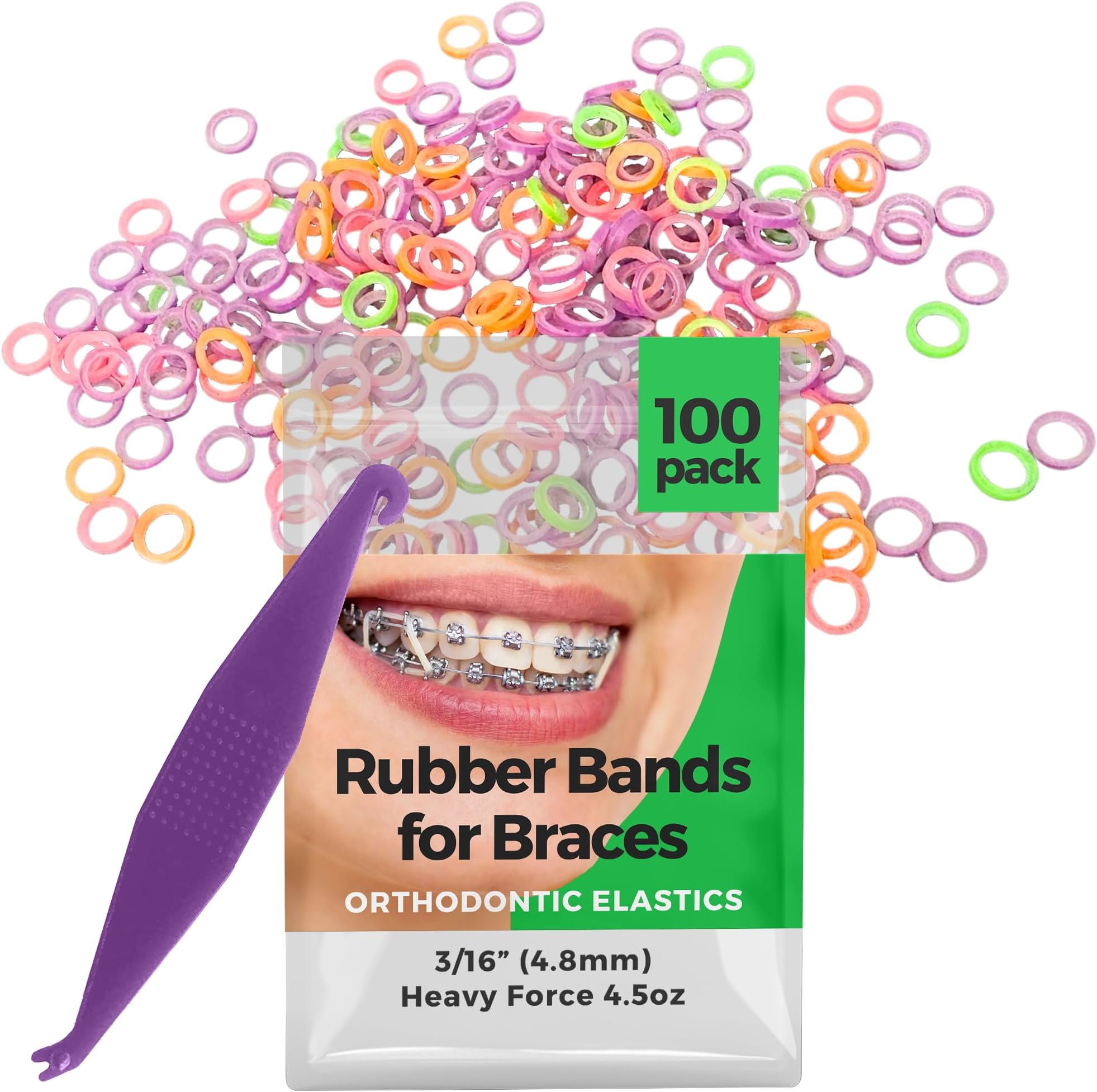 Orthodontic Rubber Bands for Braces 3/16 Heavy Force 4.5 oz - 100 Pack, Neon, Elastic Braces Rubber Bands, Orthodontic Elastics for Fixing Tooth Gaps, Dreadlocks, Includes Free Elastic Placer
