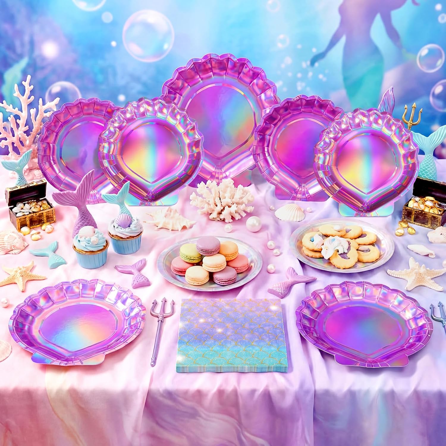 Cunhill 96 Pcs Mermaid Plates and Napkins for 24 Guests, 7 Inch 9 Inch Seashell Plates Iridescent Mermaid Party Supplies for Birthday Ocean Under The Sea Baby Shower Decoration (Laser Pink)