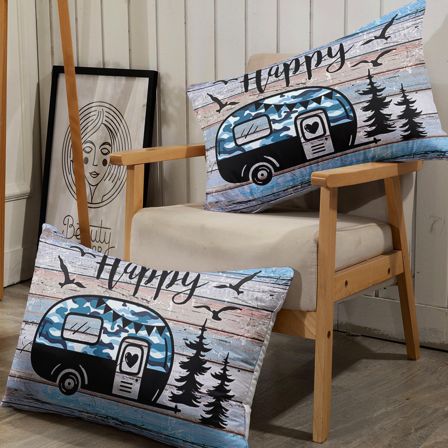 HOSIMA Set di biancheria da letto Felice Camper, 135 x 200 cm, grigio, Happy Camper, 1 copripiumino, 1 federa con cerniera, adatto per bambini, ragazzi e adulti
