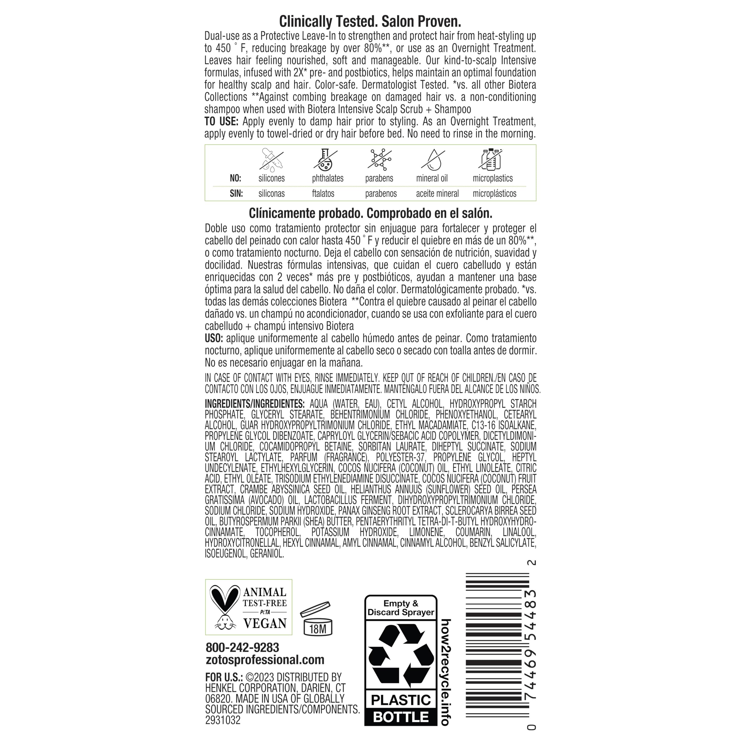 Biotera Intensives 2:1 Protective Leave-In + Overnight Treatment | Vegan & Animal Test Free | Paraben & Sulfate Free | Color-Safe | 8 Fl Oz