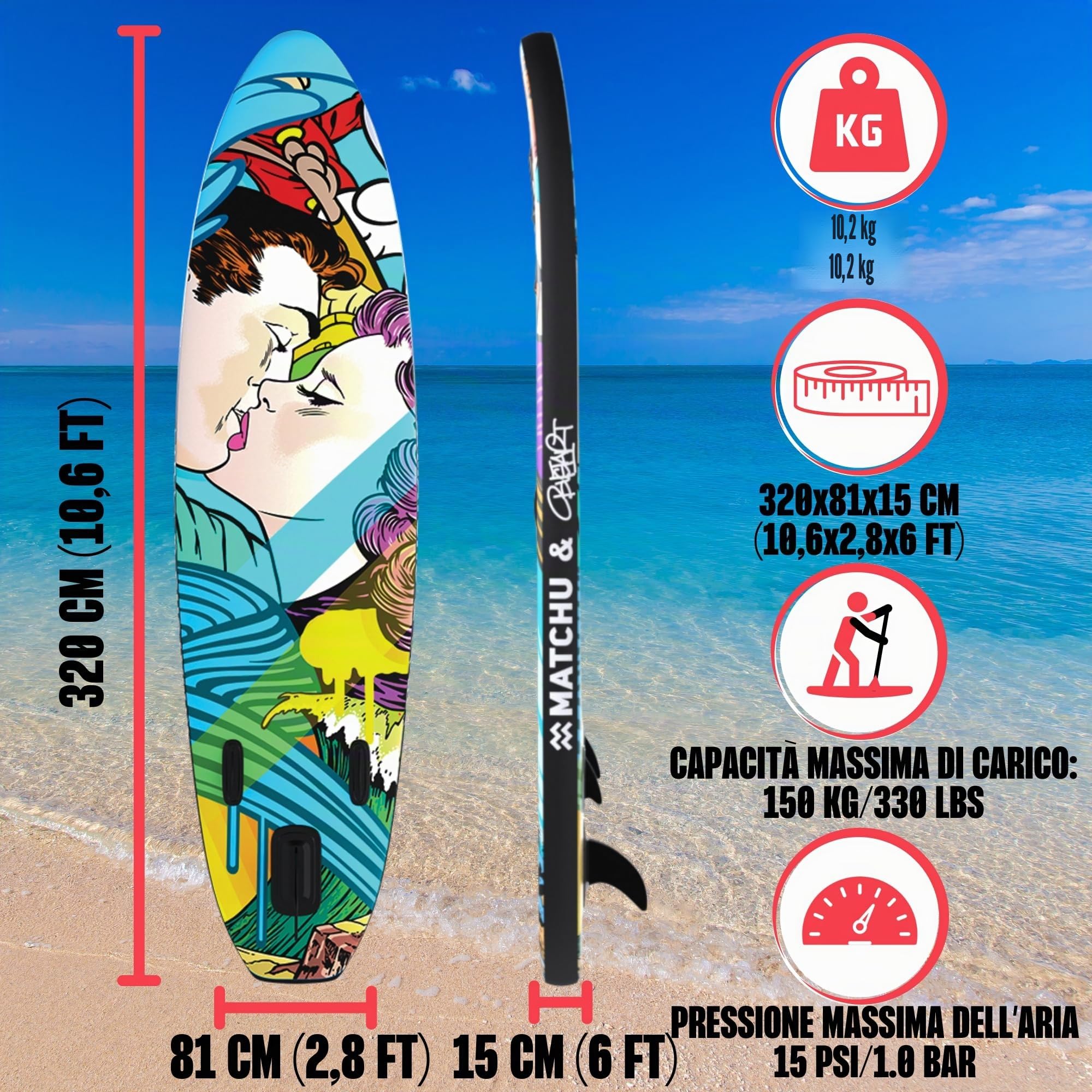 MATCHU - Sup Board gonfiabile - Paddle Board - Edizione limitata - Certificato - Set completo - 320 x 81 x 15 cm - Portata 150 kg - Collezione Art