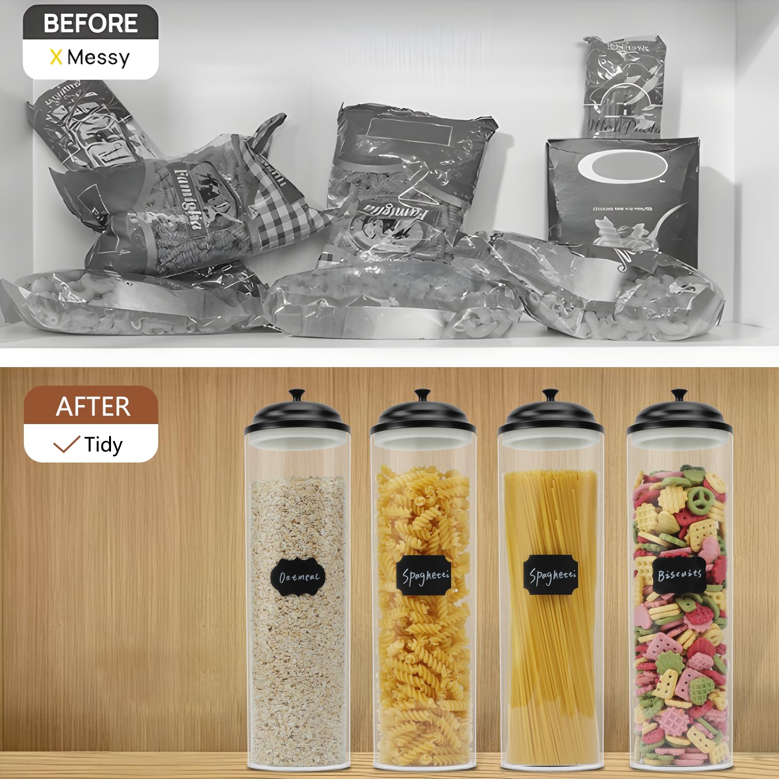 Contenedor de vidrio para almacenamiento de pasta espaguetis con tapas para cocina, tarros de almacenamiento de alimentos con tapas herméticas para azúcar, fideos, linguini, lasaña, granos de