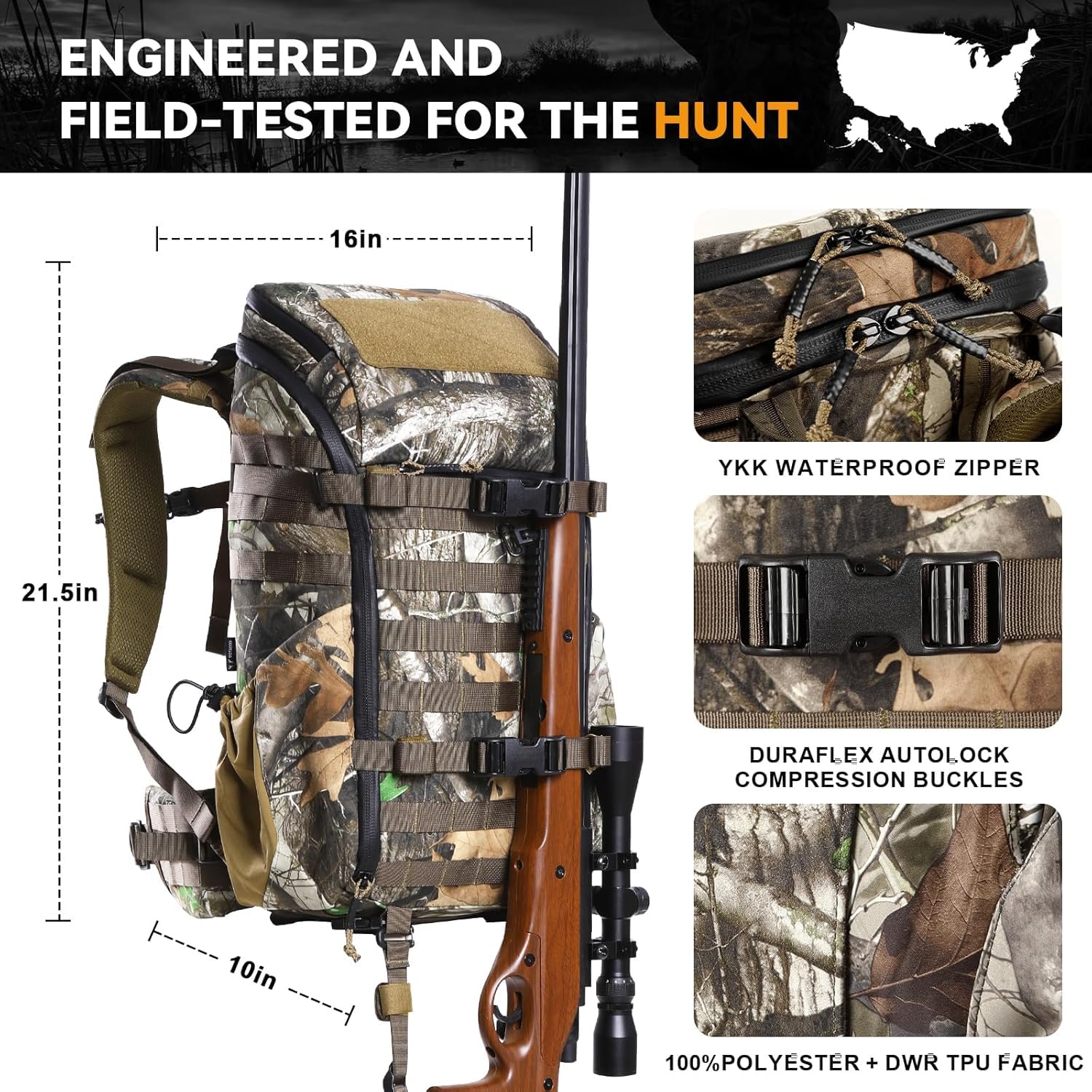 VOTAGOO 30L Jagdrucksack mit Tragesystem für Gewehr und Bogen - Verstellbarer Aluminium-Frame für die Jagd (G2)